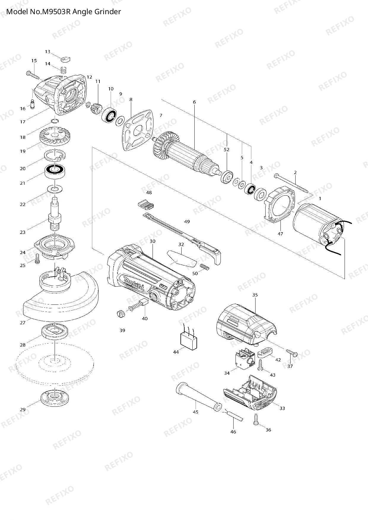 Деталировка MAKITA M9503R — схема запчастей в разборе
