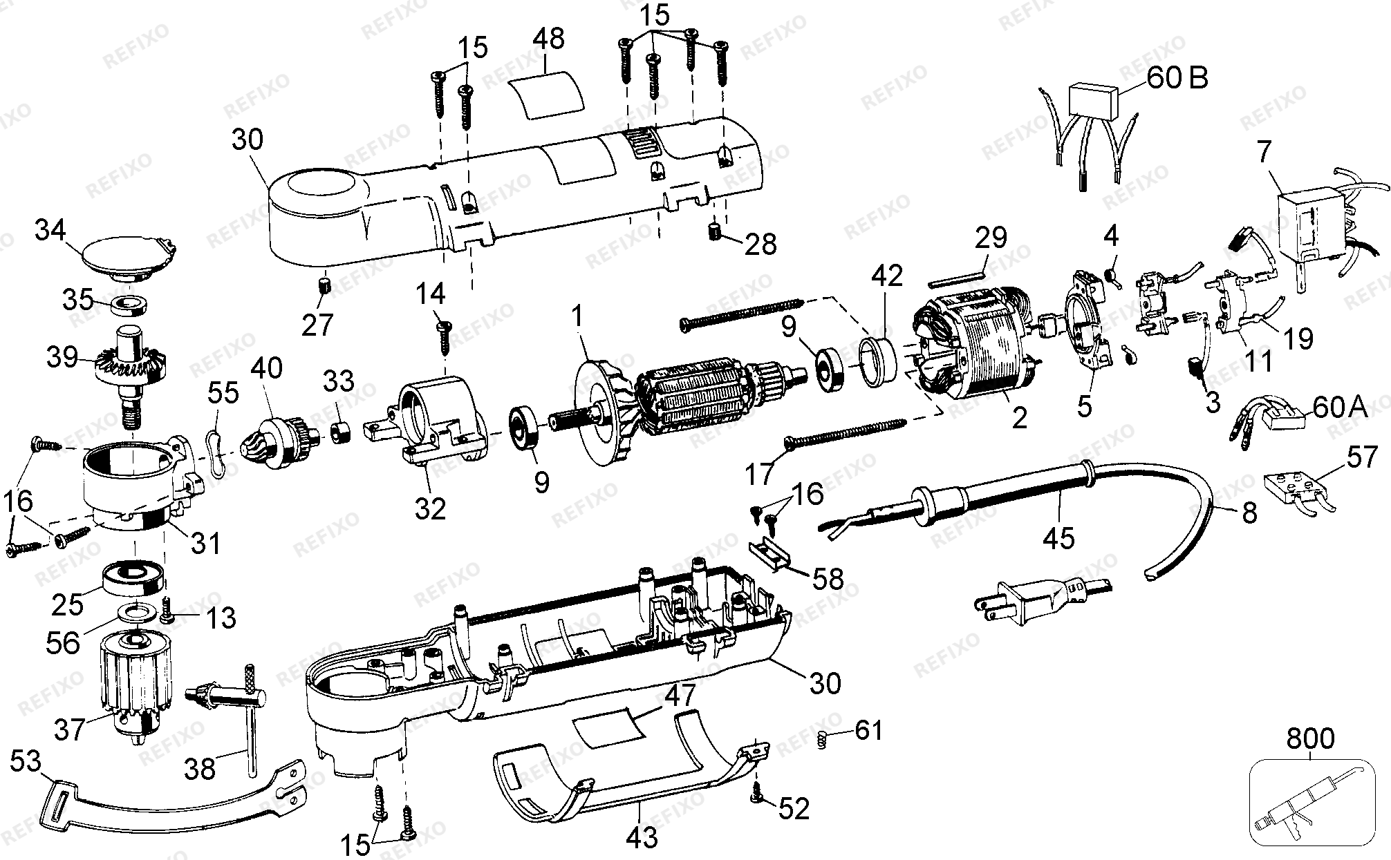Деталировка DeWalt DW160-QS TYPE 1 RIGHT ANGLE DRILL DW160-QS DW160 — схема запчастей в разборе