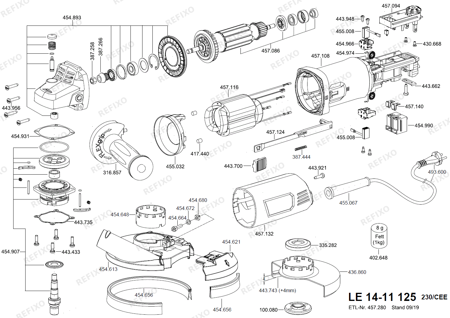 Деталировка Flex LE 14-11-125 - угловая шлифмашина LE14-11-125 — схема запчастей в разборе