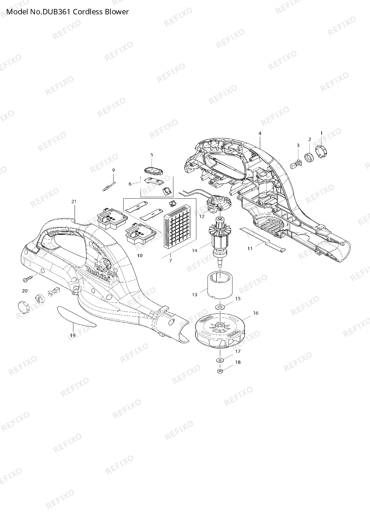 Деталировка MAKITA DUB361 — схема запчастей в разборе