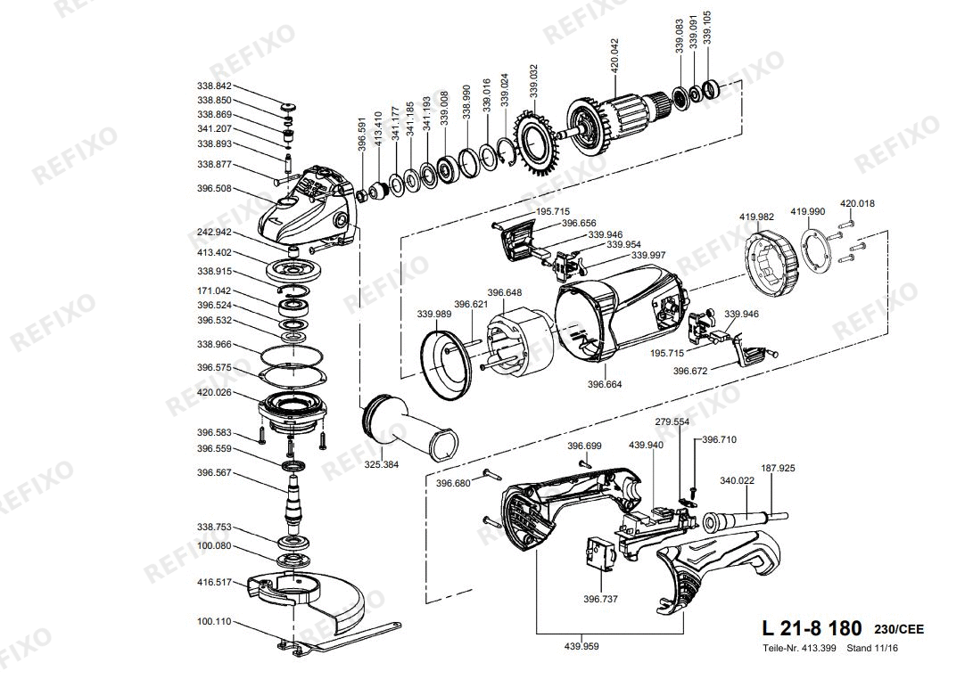 Деталировка Flex L 21-8 180 230BS — схема запчастей в разборе