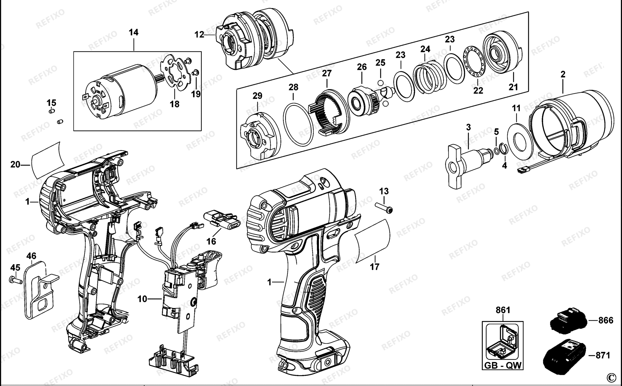 Деталировка DeWalt DCF813-QW TYPE 1 - EU SCHLAGSCHRAUBENSCHL. DCF813-QW DCF813 — схема запчастей в разборе