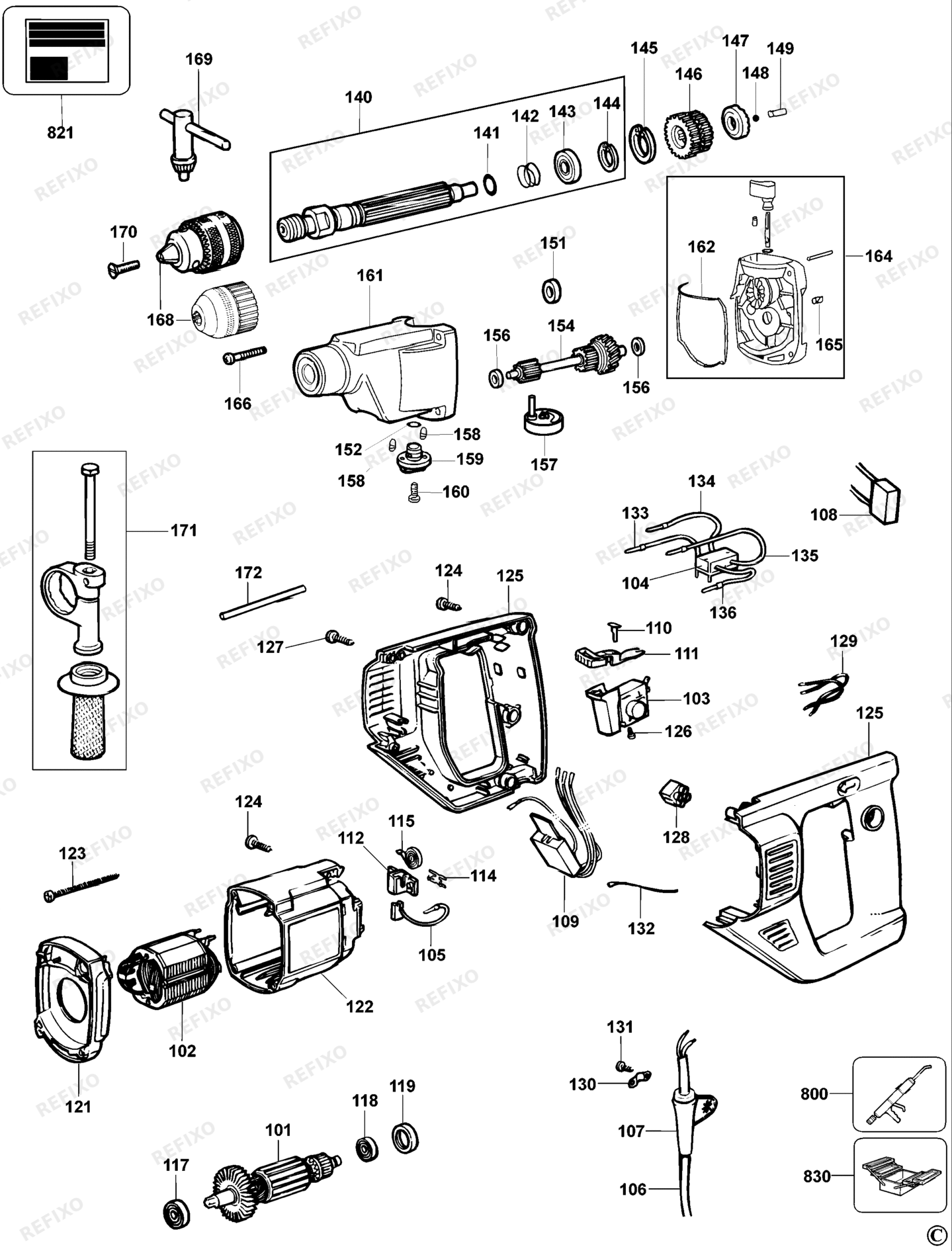 Деталировка DeWalt DW165-QS TYPE 4 перфоратор DW165-QS DW165 — схема запчастей в разборе