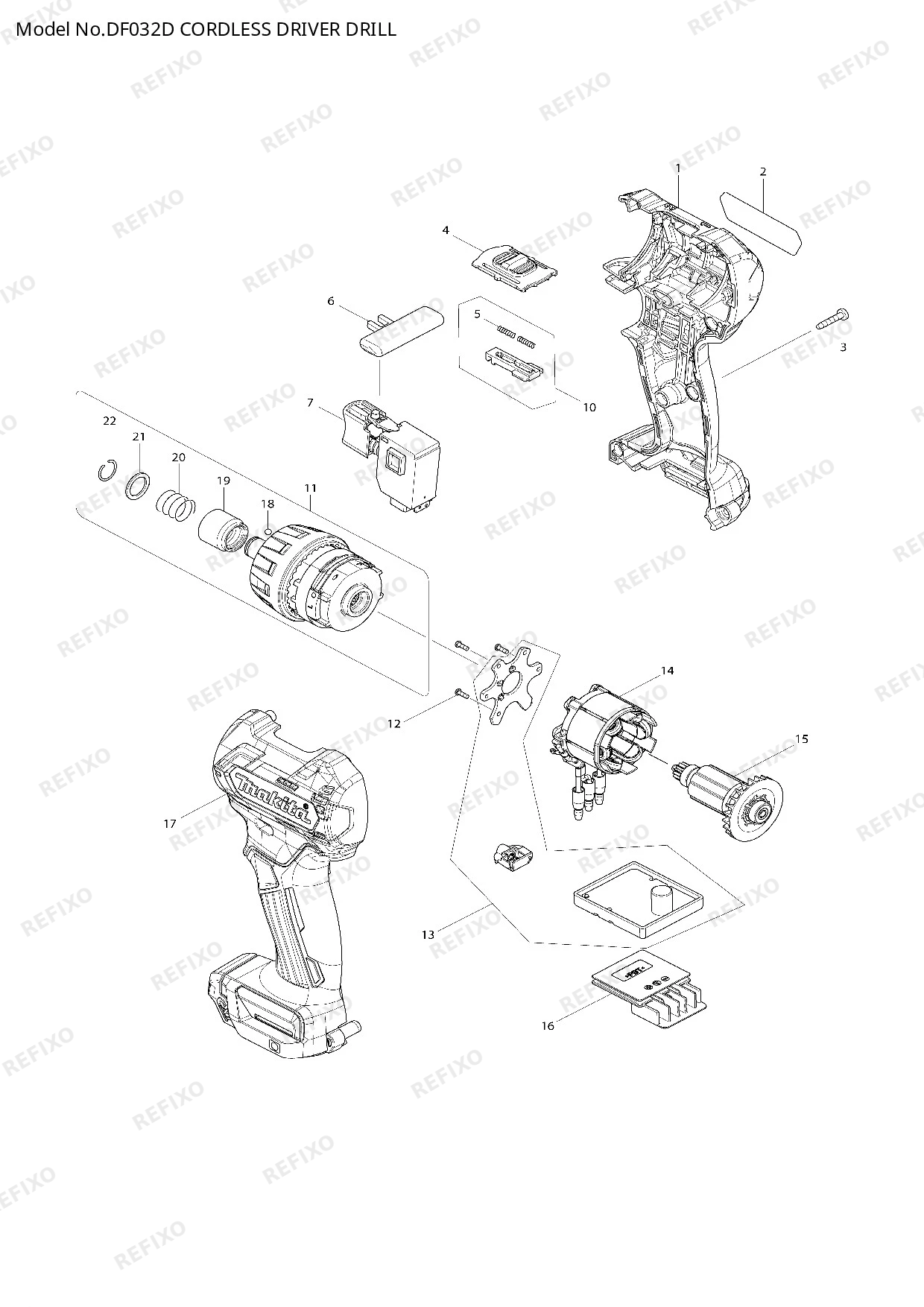 Деталировка MAKITA DF032D — схема запчастей в разборе