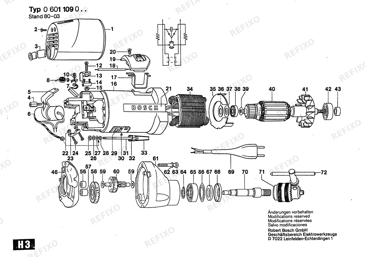 Деталировка Bosch Дрель Drill | 240 V | 027 - AU (0 601 109 037) — схема запчастей в разборе