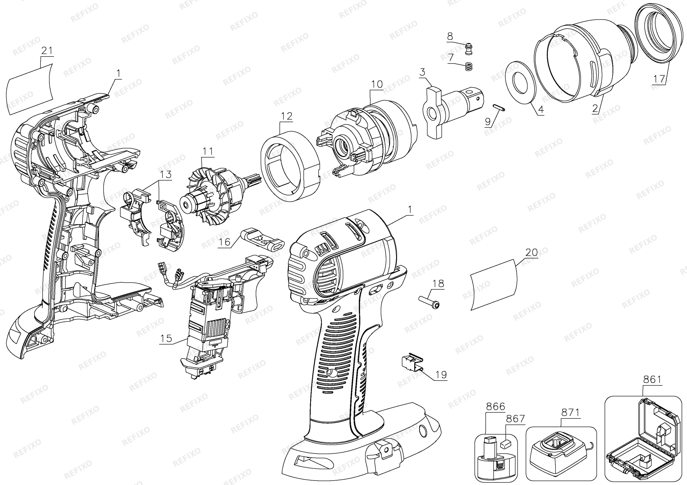 Деталировка DeWalt DC832N-XJ TYPE 1 14V IMPACT WRENCH DC832N-XJ DC832N — схема запчастей в разборе