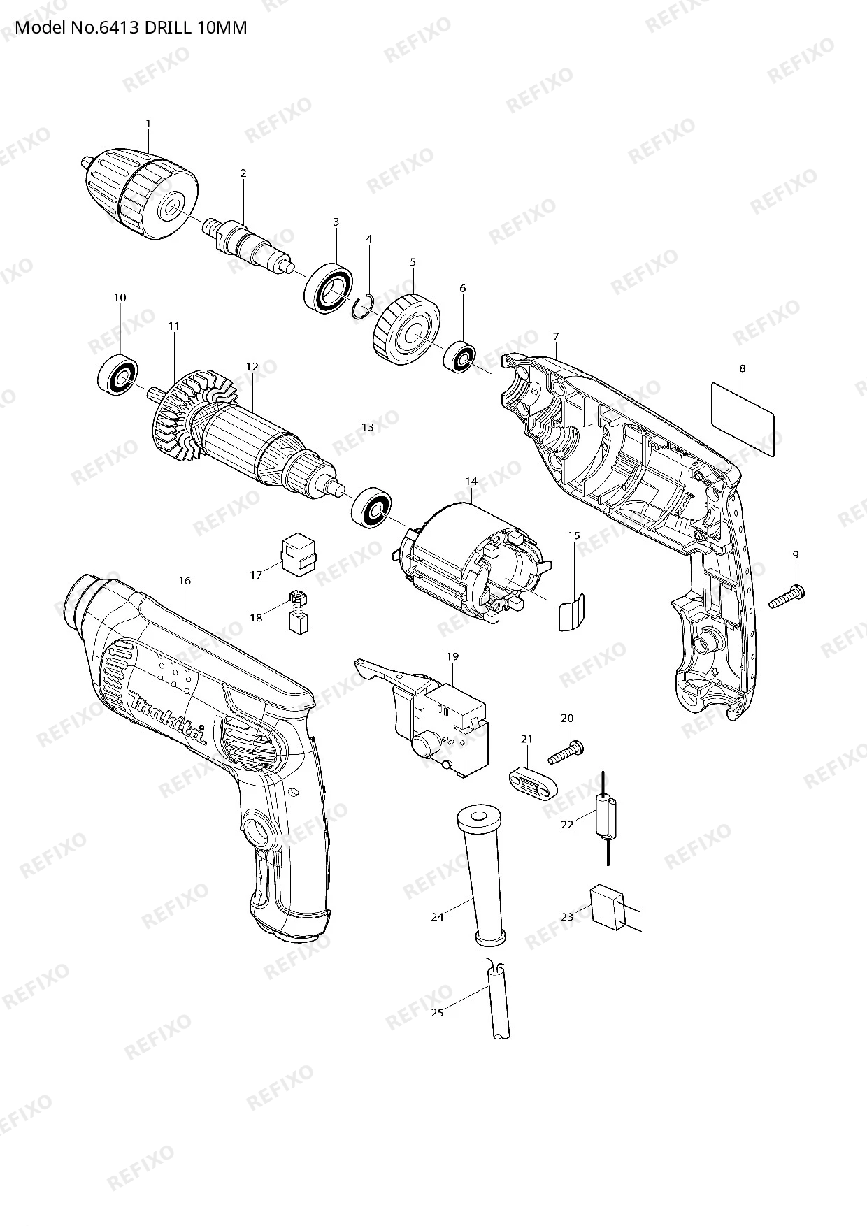 Деталировка MAKITA 6413 — схема запчастей в разборе