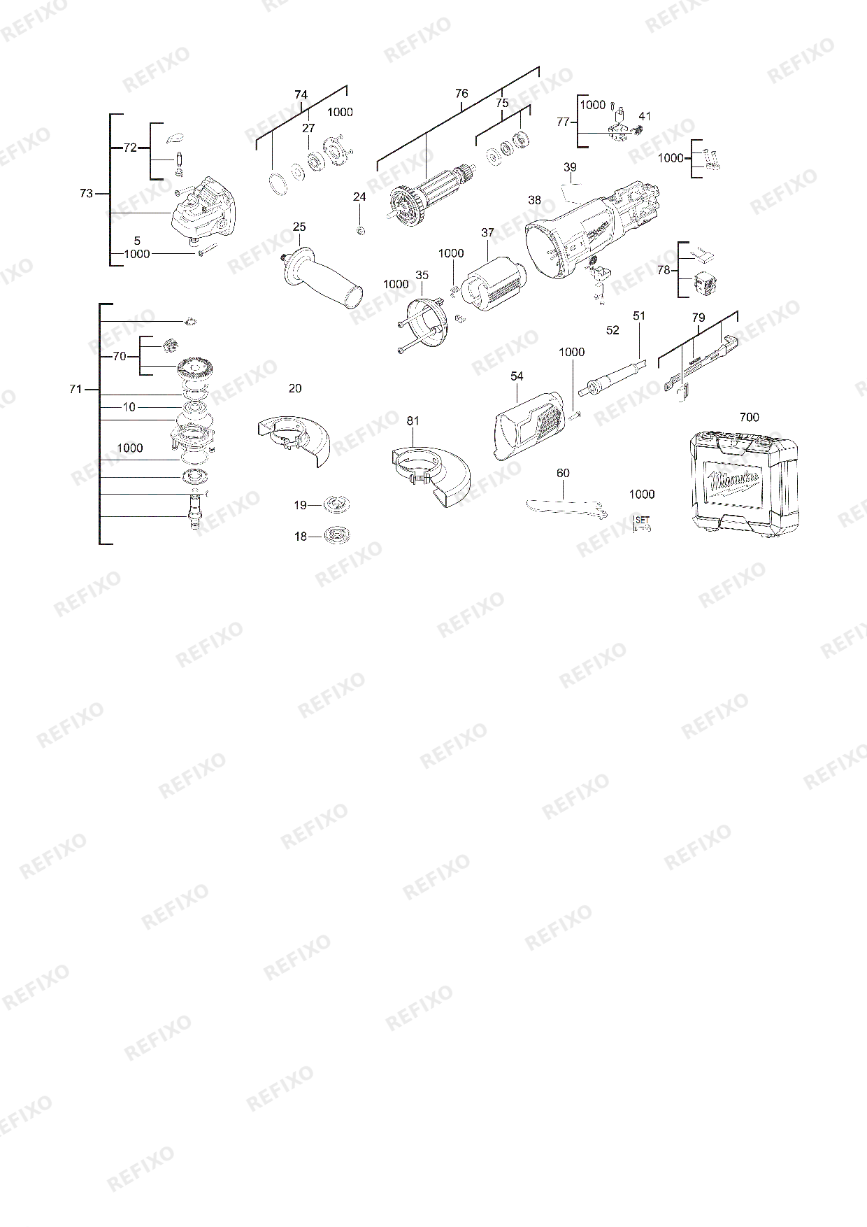 Деталировка MILWAUKEE AG800 115E IN2 4933451210 4000452802 — схема запчастей в разборе