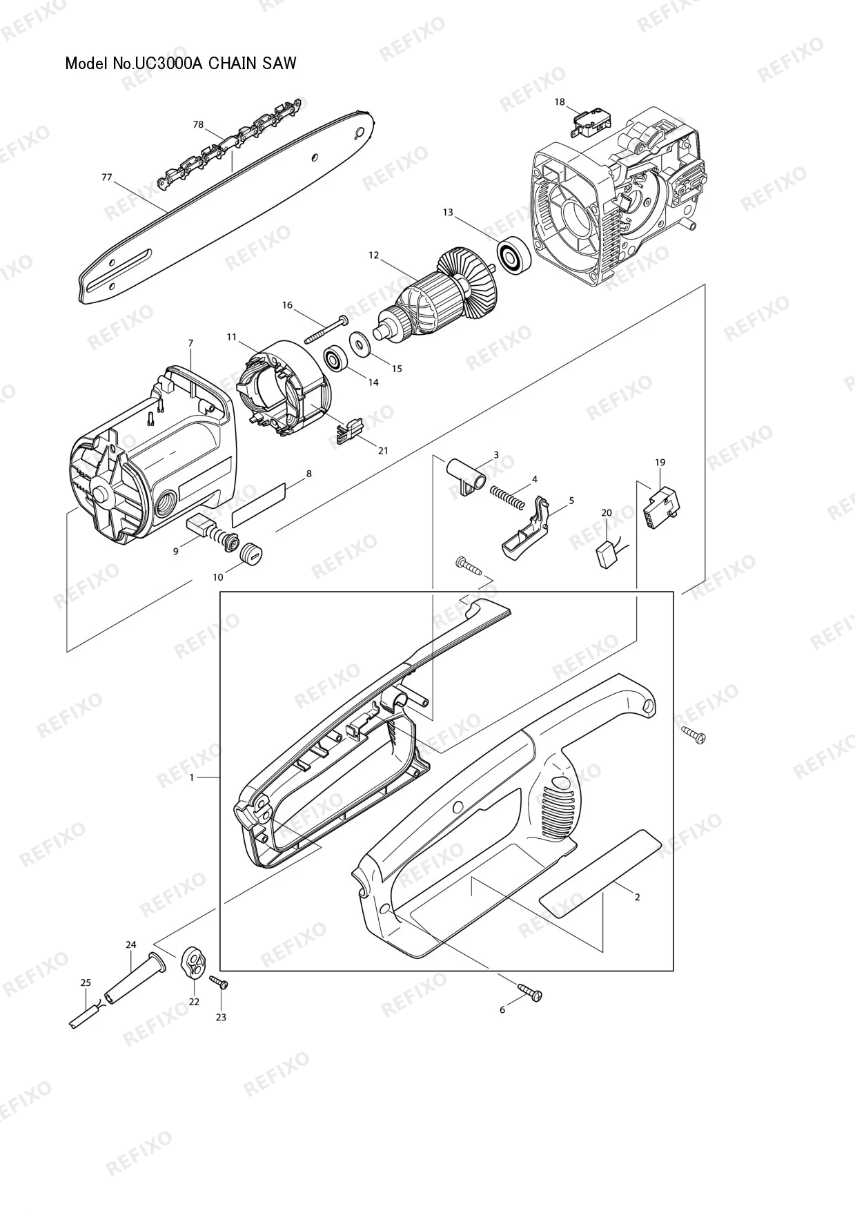 Деталировка MAKITA UC3000A — схема запчастей в разборе