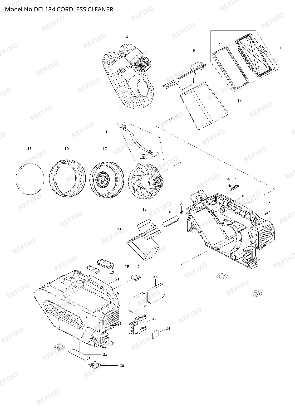 Деталировка MAKITA DCL184 — схема запчастей в разборе