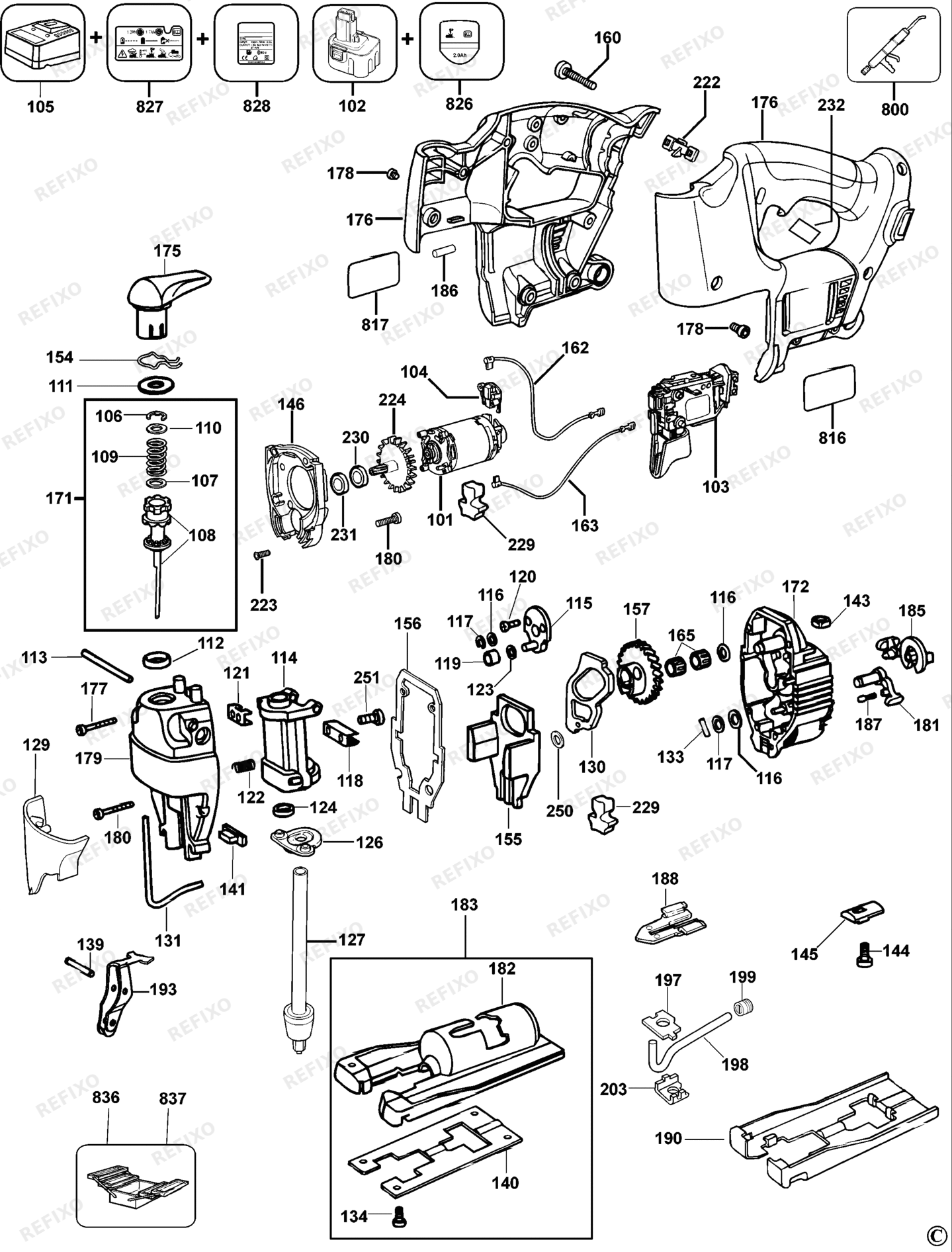 Деталировка DeWalt DW933-QW TYPE 1 аккумуляторный - лобзик DW933-QW DW933 — схема запчастей в разборе