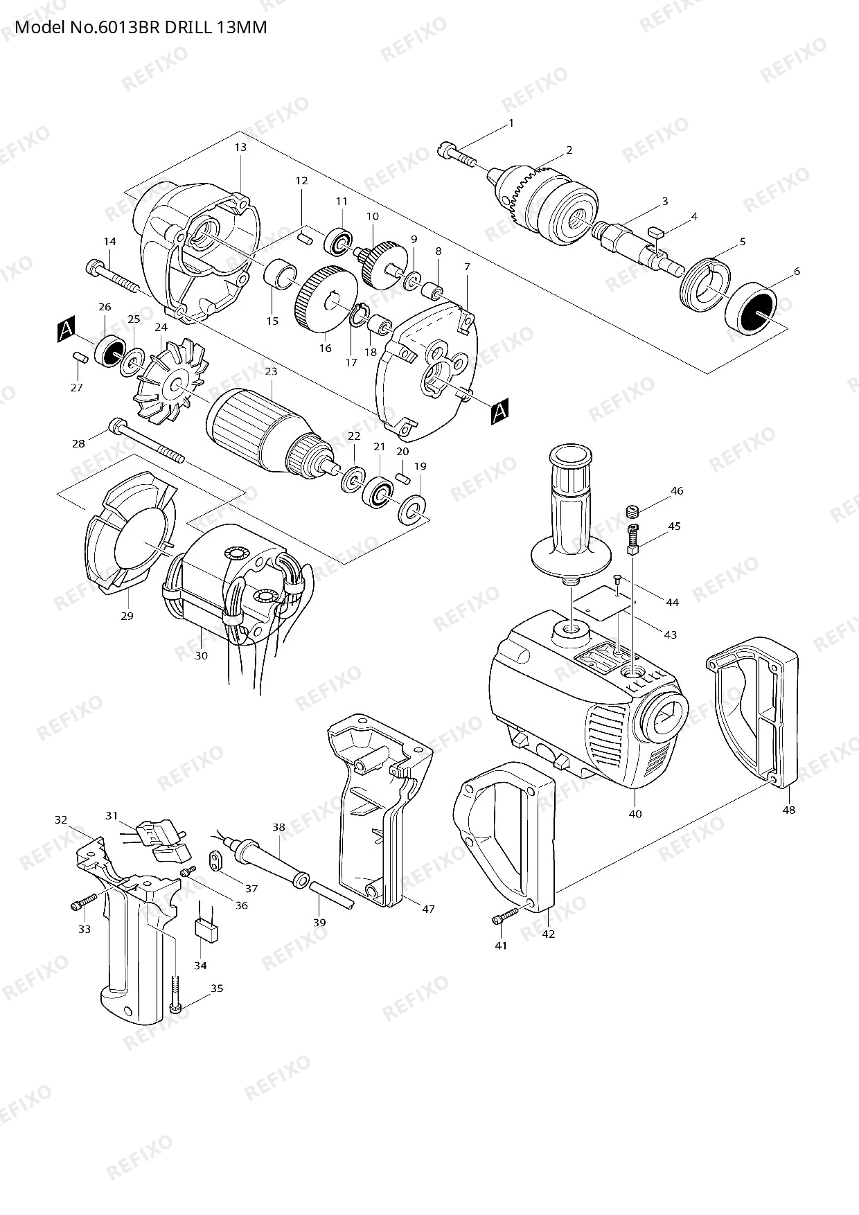 Деталировка MAKITA 6013BR — схема запчастей в разборе