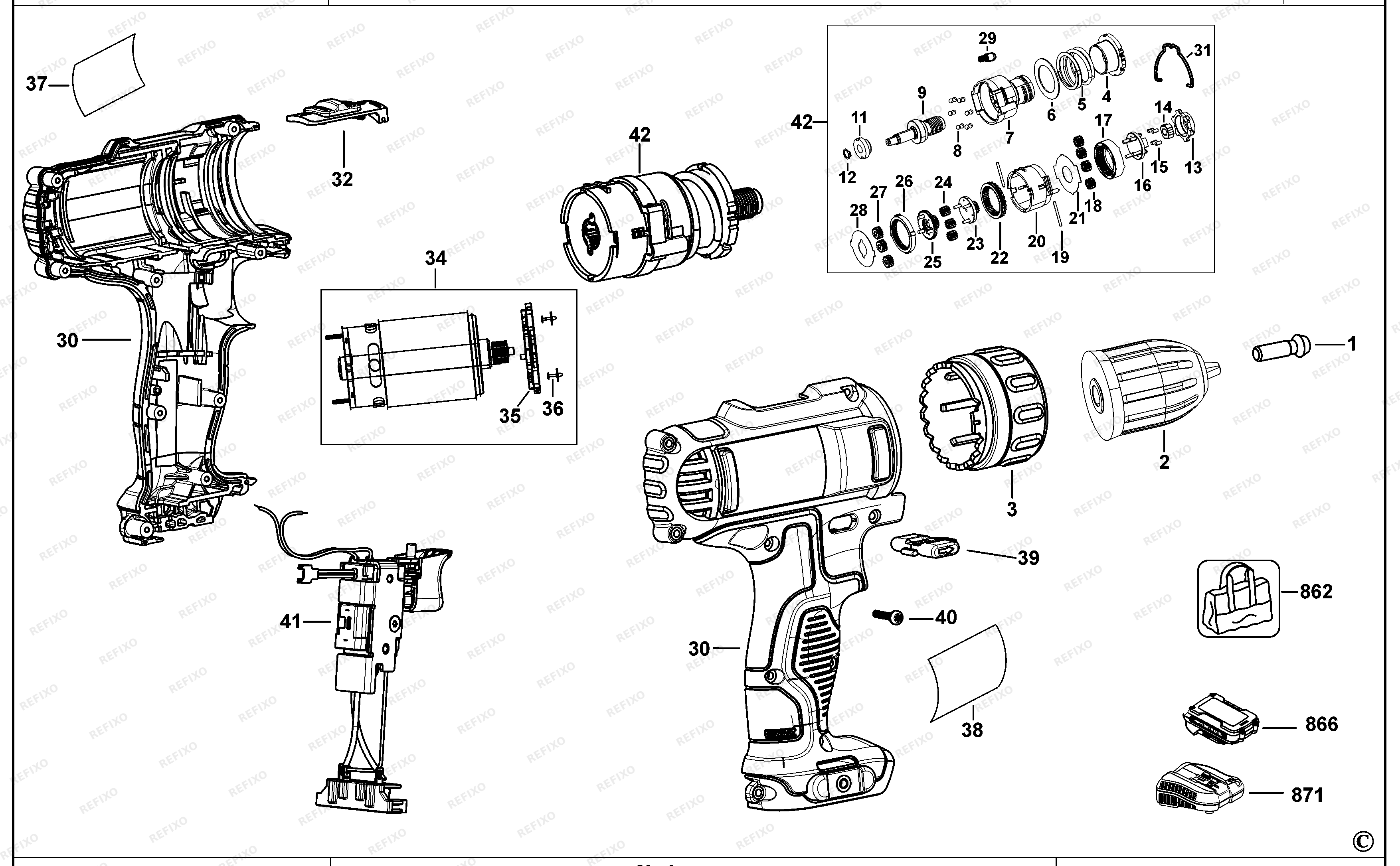 Деталировка DeWalt АККУМУЛЯТОРНАЯ ДРЕЛЬ DCD700 — схема запчастей в разборе