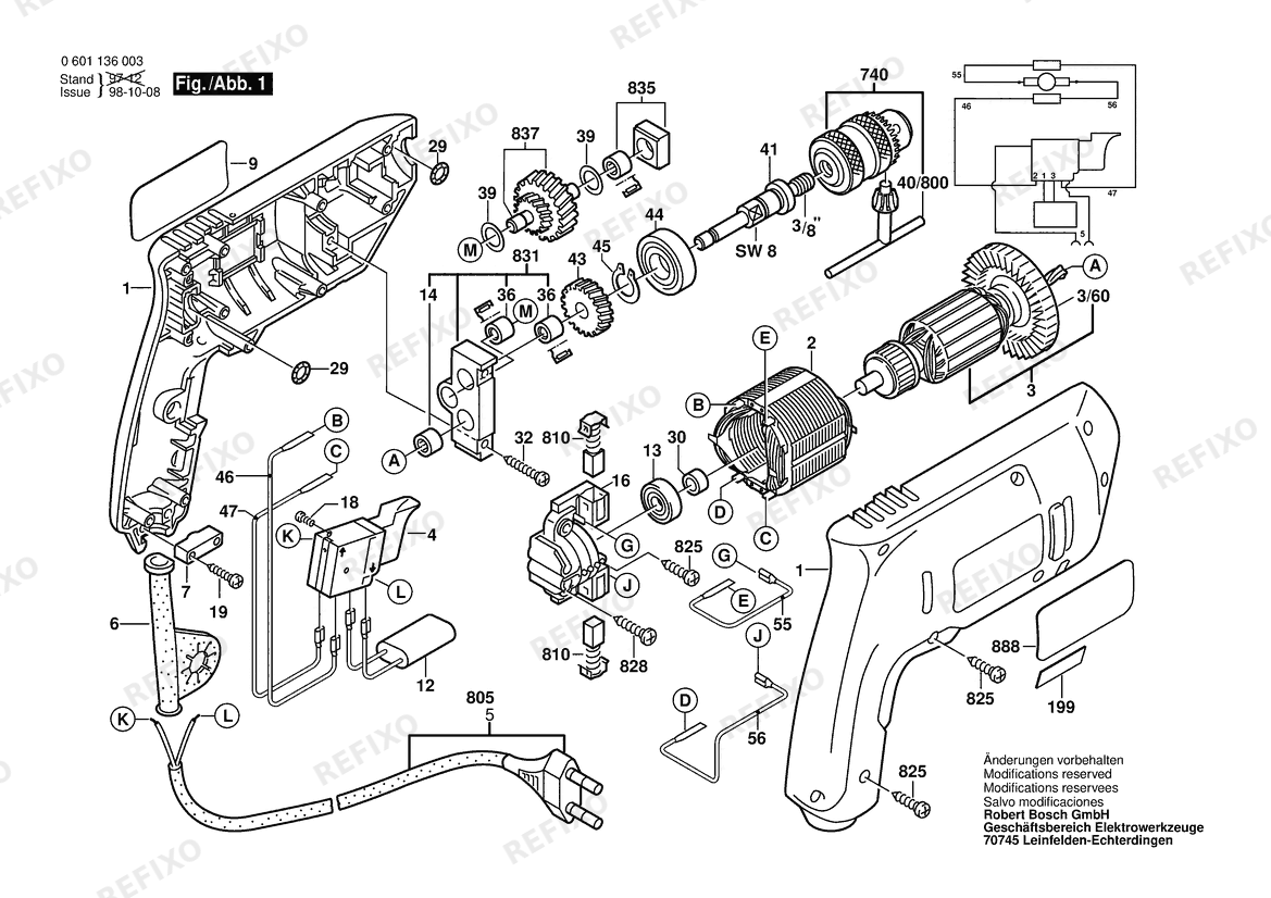 Деталировка Bosch Дрель FURAD.ALTA ROTAAO | 230 V | 001 - EU (0 601 136 003) — схема запчастей в разборе