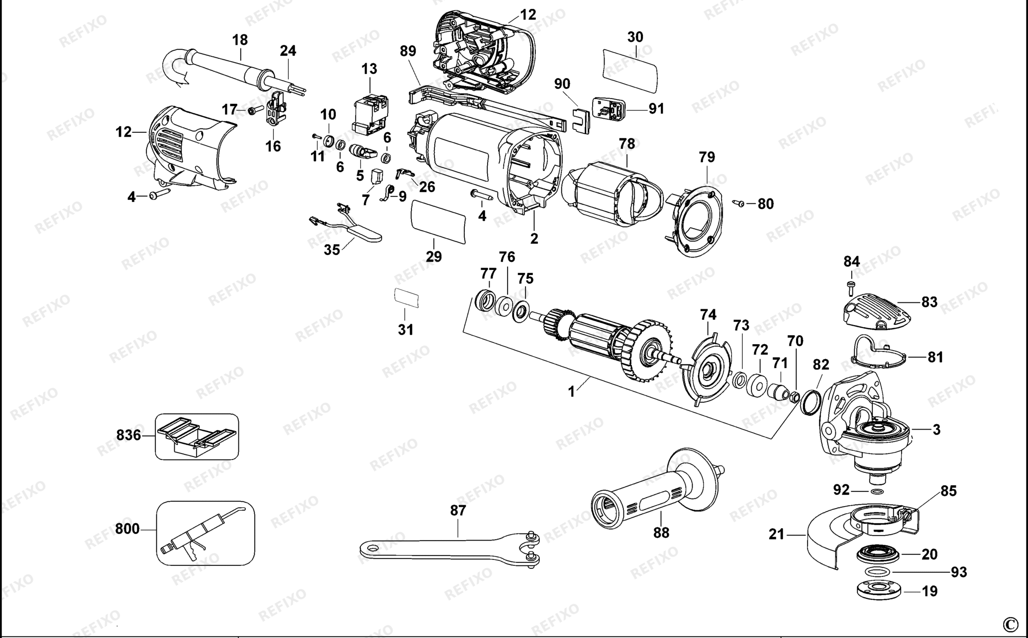 Деталировка DeWalt D28139-QS TYPE 1 SMALL ANGLE GRINDER D28139-QS D28139 — схема запчастей в разборе
