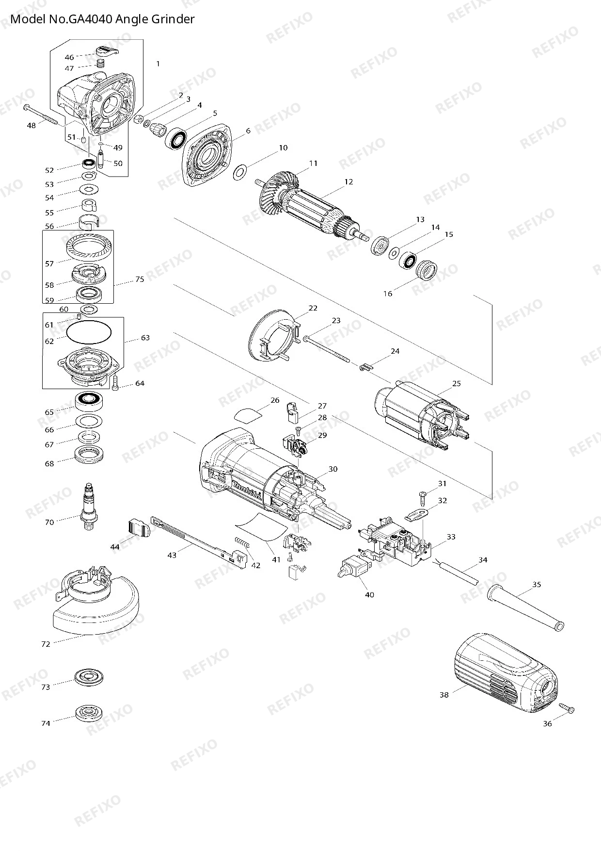 Деталировка MAKITA GA4040 — схема запчастей в разборе