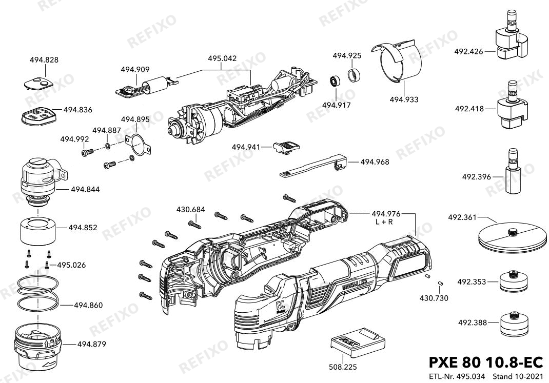 Деталировка Flex PXE 80 10.8-EC2.5 P- набор — схема запчастей в разборе