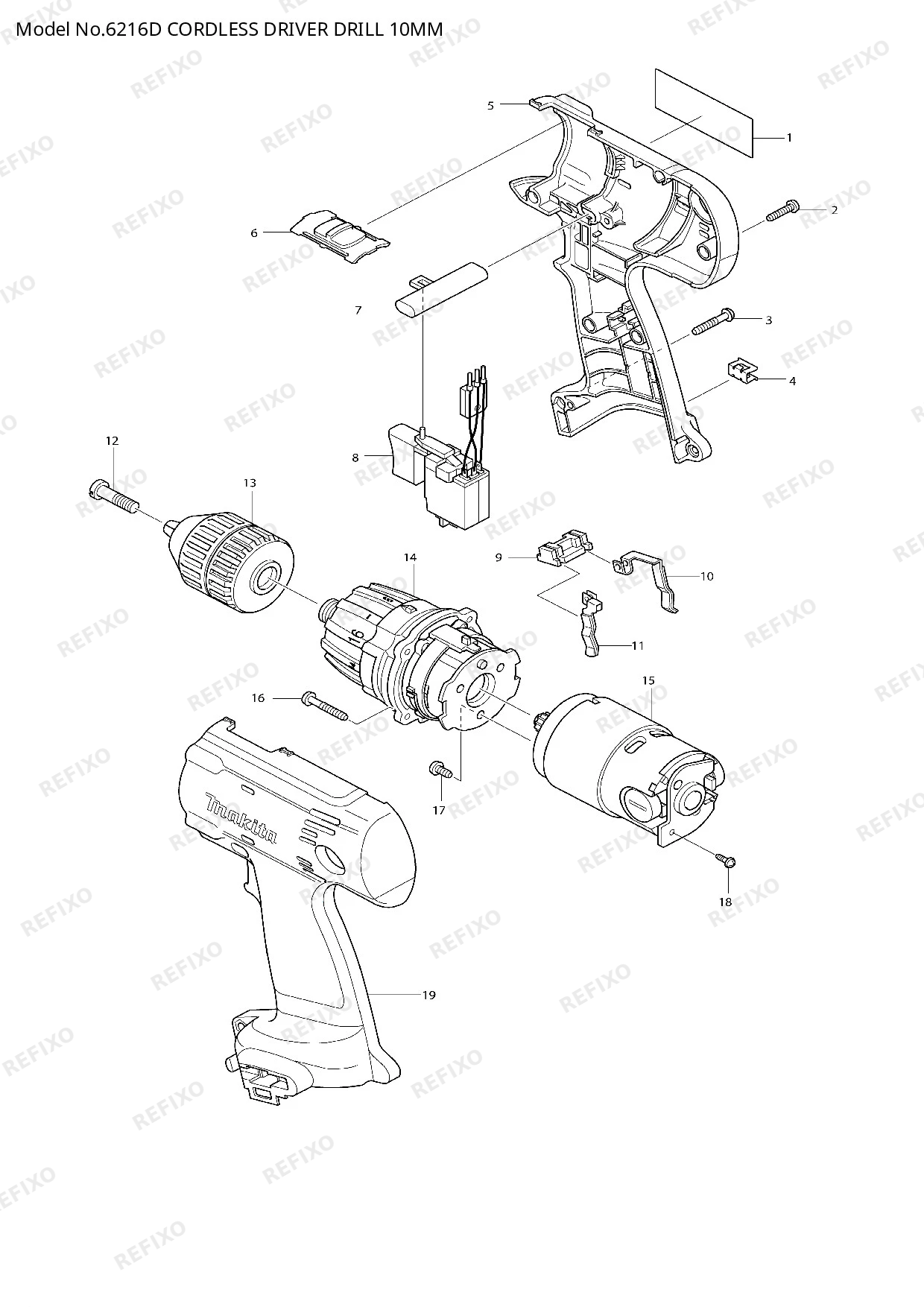 Деталировка MAKITA 6216D — схема запчастей в разборе