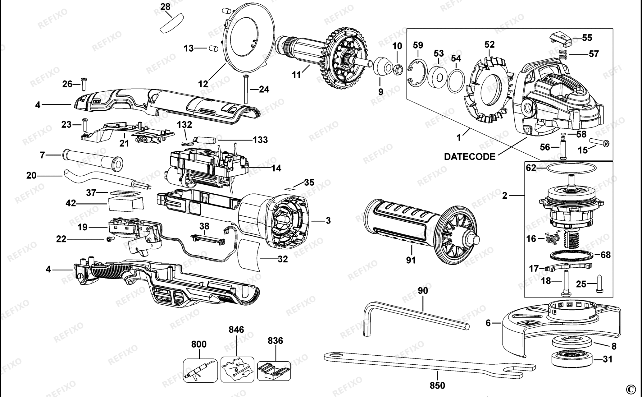 Деталировка DeWalt DWE4377-QS TYPE 1 SMALL ANGLE GRINDER DWE4377-QS DWE4377 — схема запчастей в разборе
