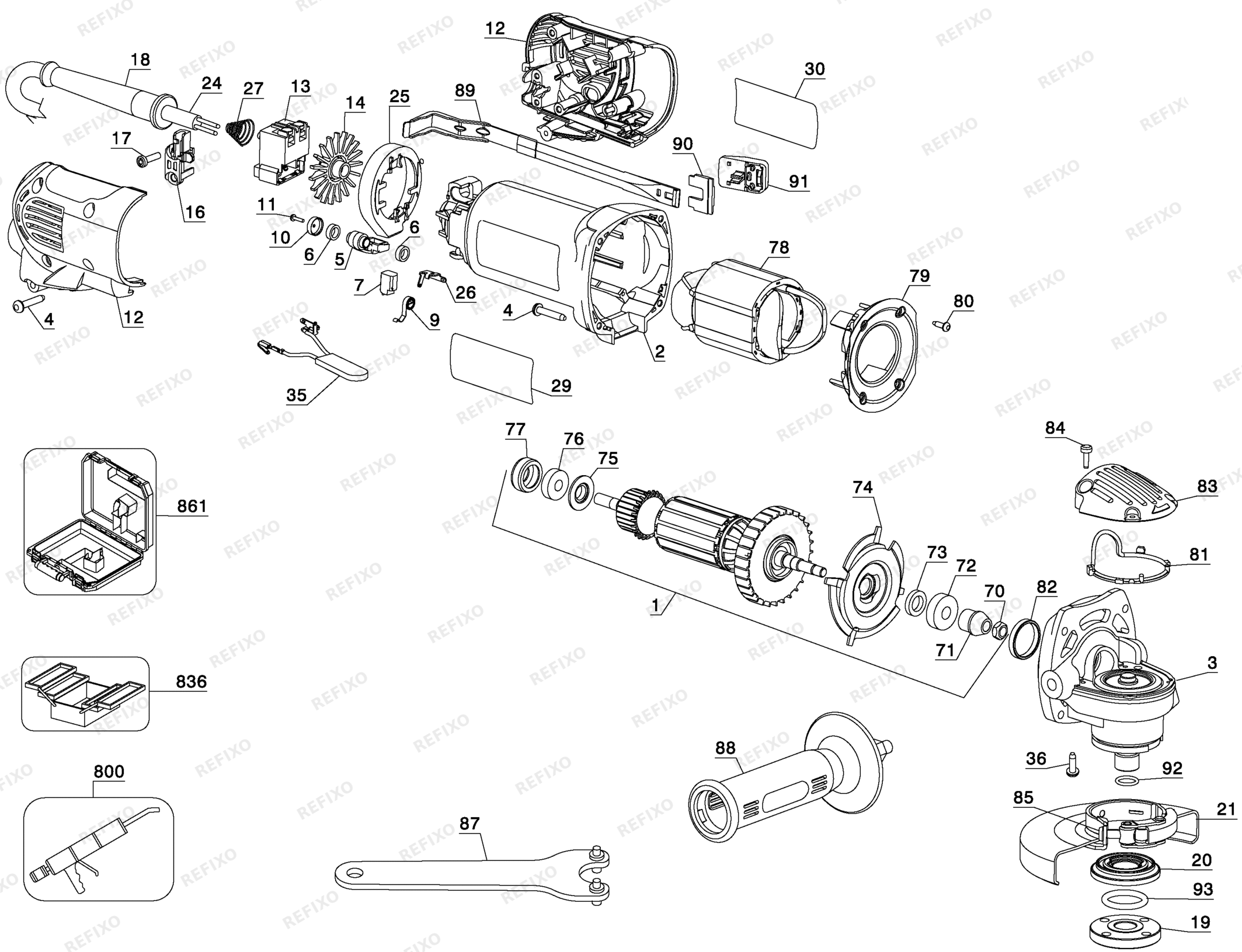 Деталировка DeWalt D28113K-LX TYPE 3 115MM SMALL ANGLE GRINDER D28113K-LX D28113K — схема запчастей в разборе