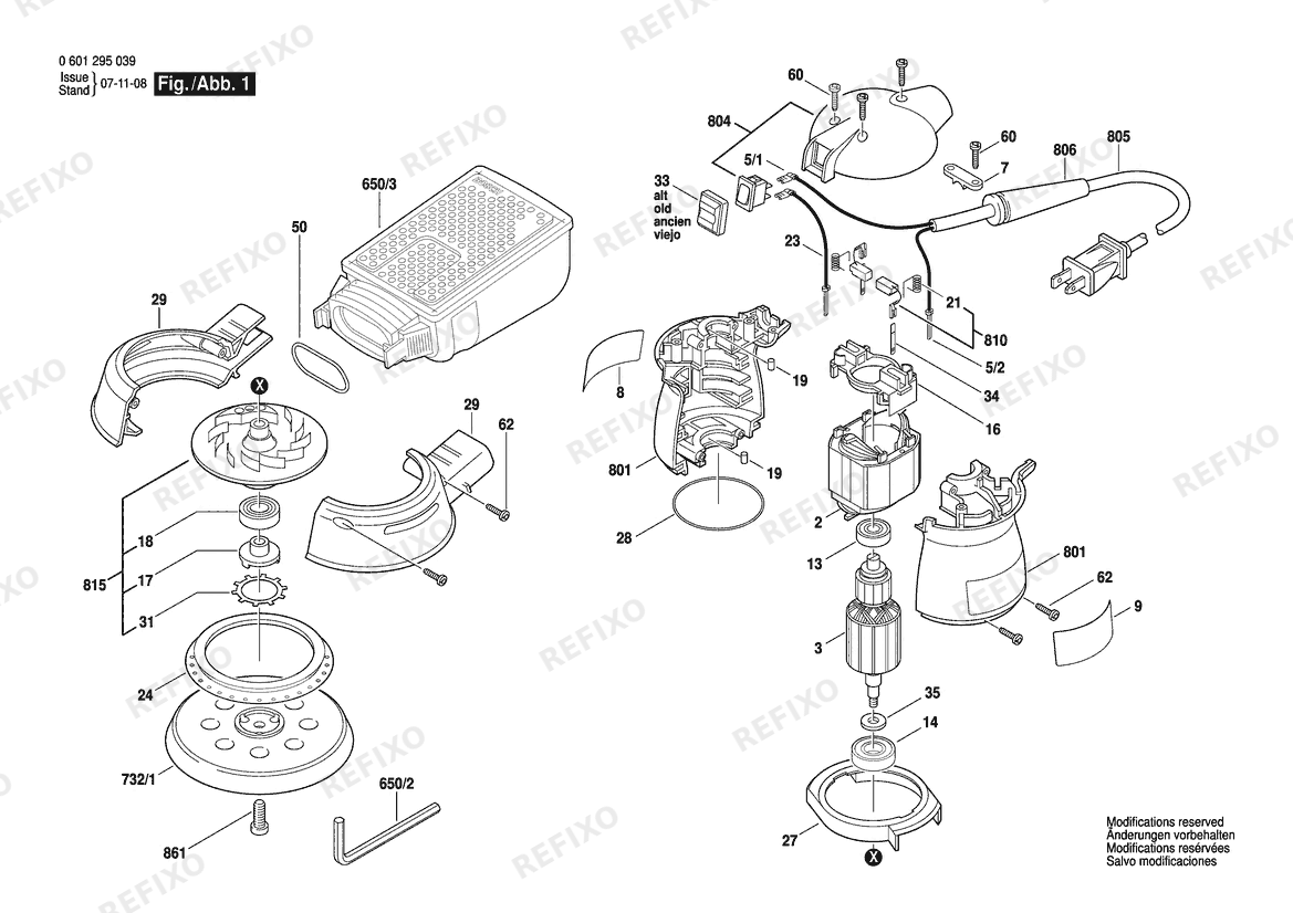 Деталировка Bosch Эксцентриковая шлифмашина 1295 DP | 115 V | 061 - US (0 601 295 139) — схема запчастей в разборе