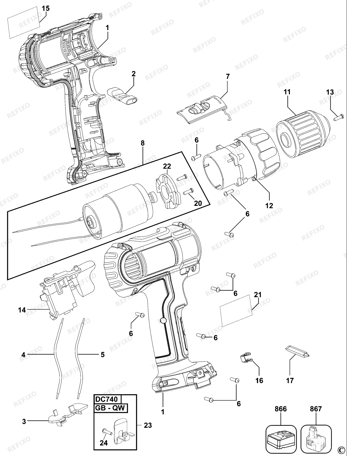 Деталировка DeWalt DC740-QW TYPE 3 аккумуляторный - дрель DC740-QW DC740 — схема запчастей в разборе