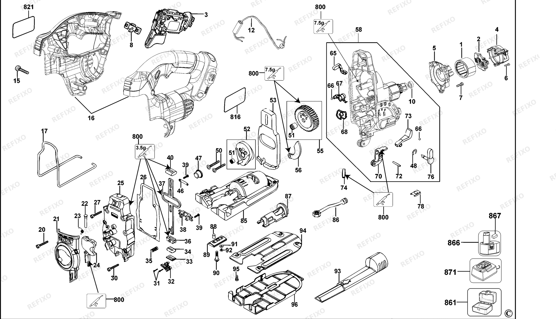 Деталировка DeWalt DC330-QW TYPE 2 аккумуляторный - лобзик DC330-QW DC330 — схема запчастей в разборе