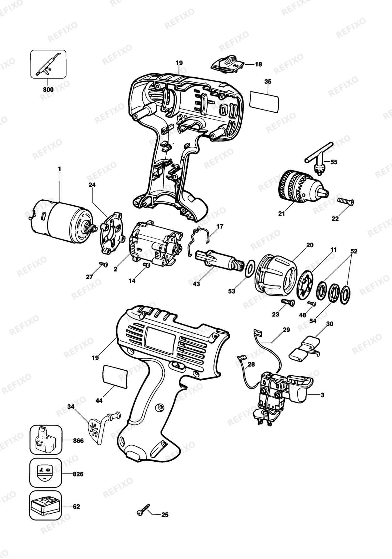 Деталировка DeWalt DW916K-QW TYPE 1 - 2 аккумуляторный - дрель DW916K-QW DW916K — схема запчастей в разборе