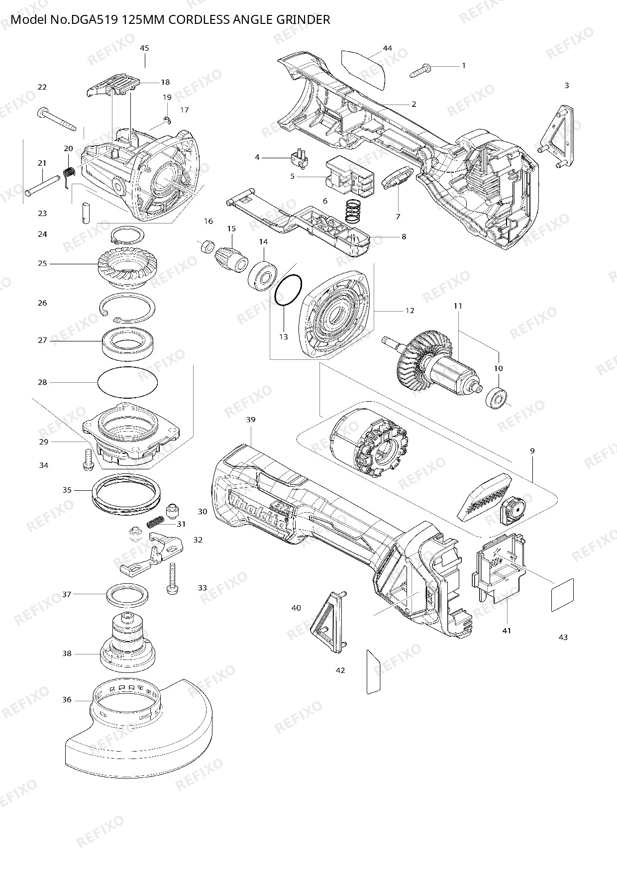 Деталировка MAKITA DGA519 — схема запчастей в разборе