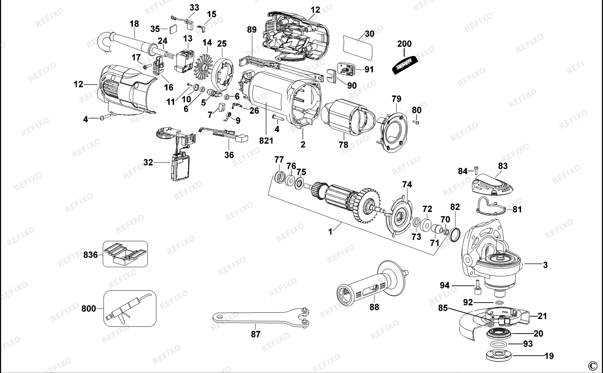 Деталировка DeWalt D28116-QS TYPE 3 SMALL ANGLE GRINDER D28116-QS D28116 — схема запчастей в разборе