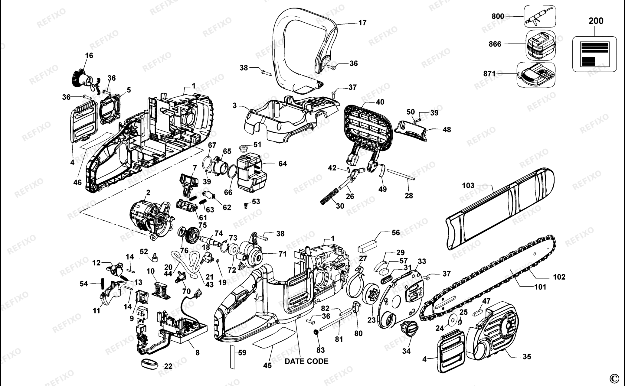 Деталировка DeWalt DCM585-XJ TYPE 1 KETTENSÄGE DCM585-XJ DCM585 — схема запчастей в разборе