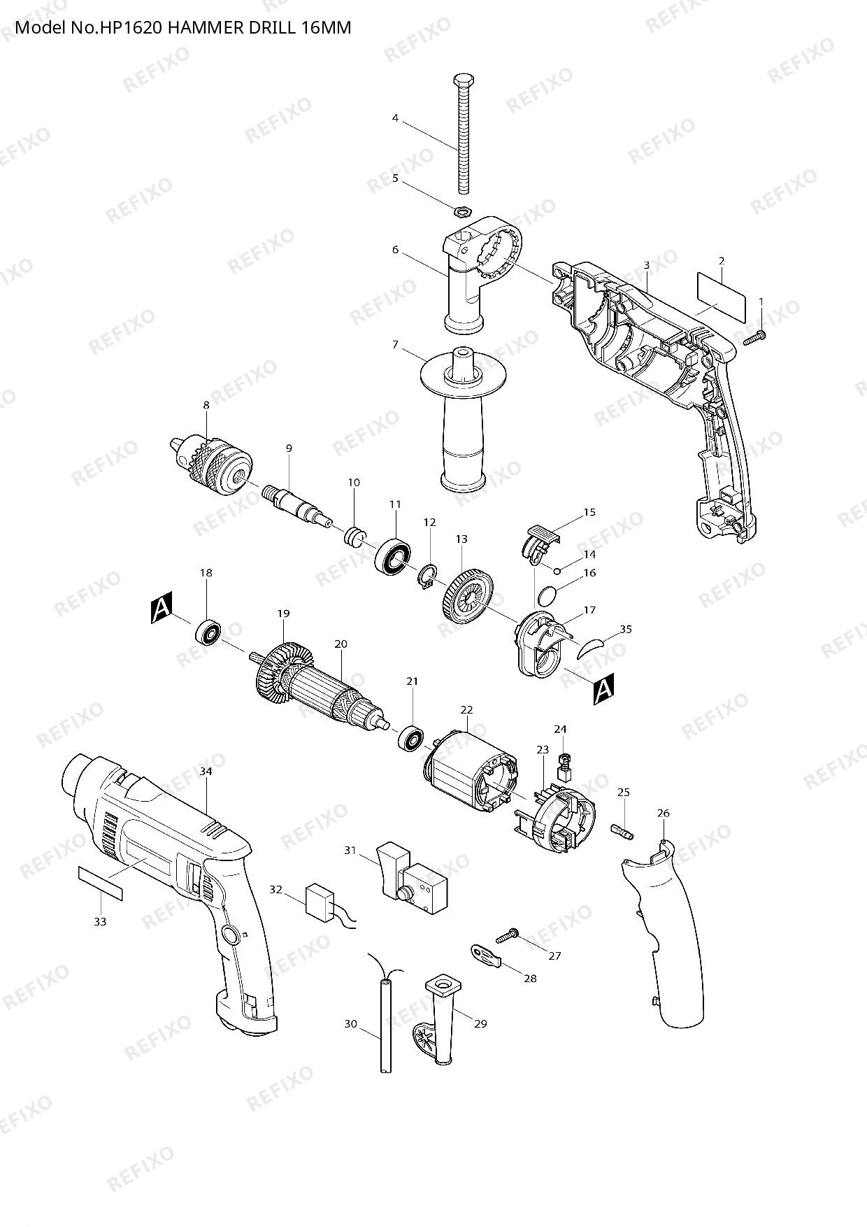 Деталировка MAKITA HP1620 — схема запчастей в разборе
