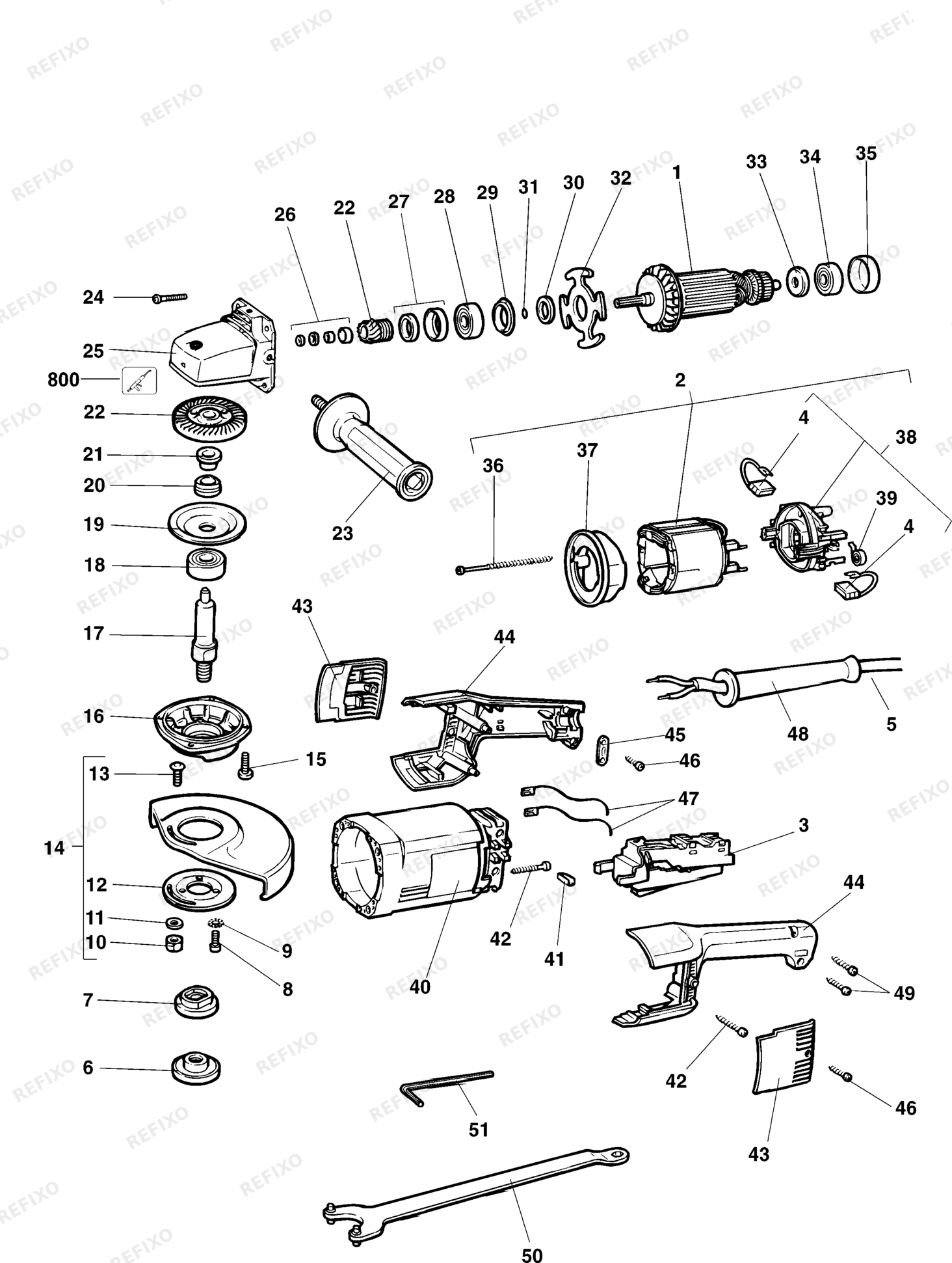 Деталировка DeWalt DW479-XJ TYPE 2 угловая шлифмашина DW479-XJ DW479 — схема запчастей в разборе