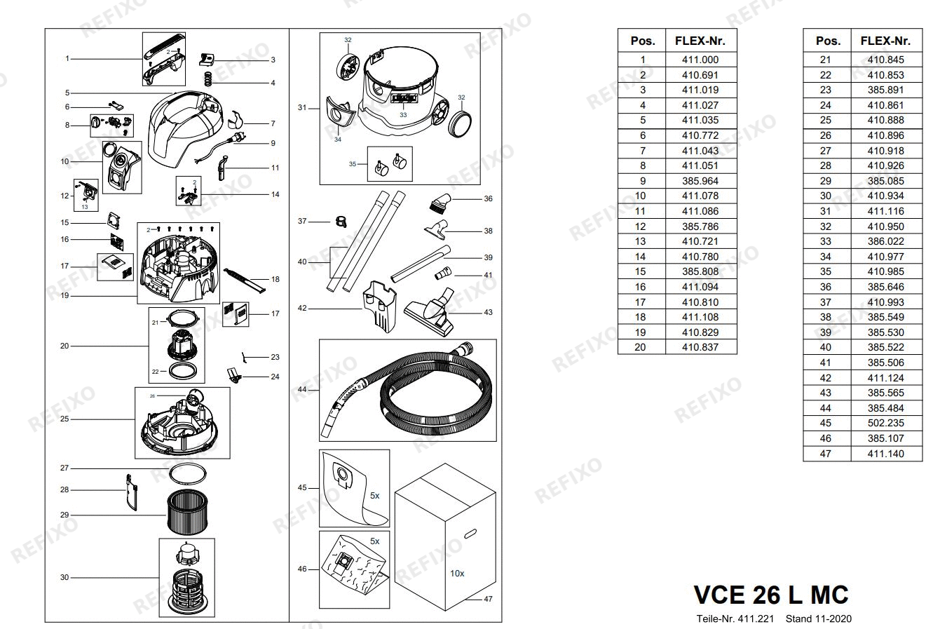 Деталировка Flex VCE 26 L MC 110BS-4h — схема запчастей в разборе