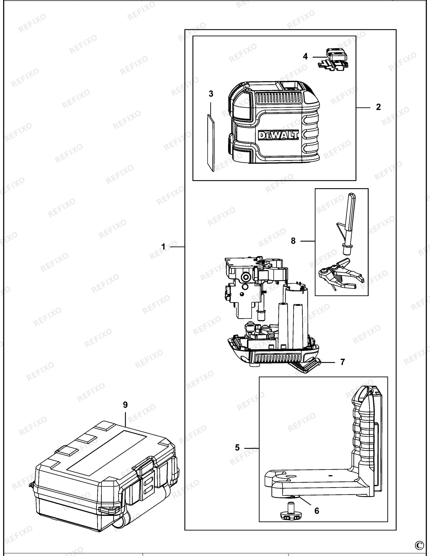 Деталировка DeWalt DW08802CG-XJ TYPE 1 KREUZLINIENLASER DW08802CG-XJ DW08802CG — схема запчастей в разборе