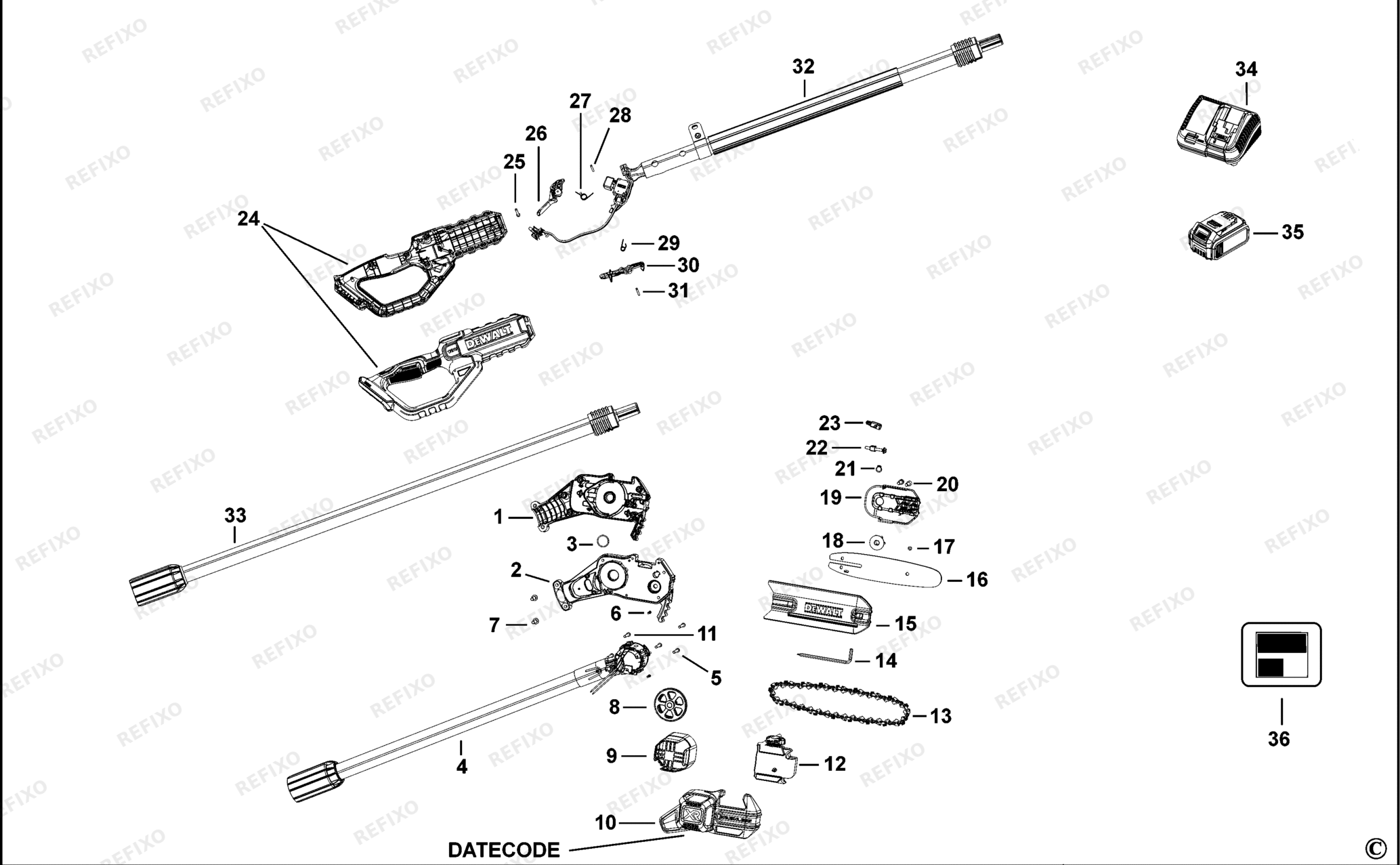 Деталировка DeWalt DCMPS567-QW TYPE 1 пила DCMPS567-QW DCMPS567 — схема запчастей в разборе