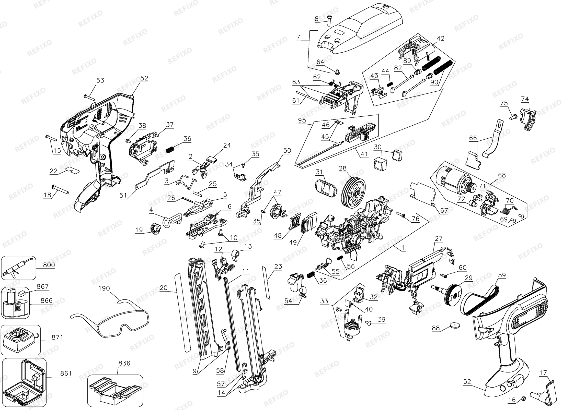 Деталировка DeWalt 68802-XJ TYPE 1 аккумуляторный NAGLER 68802-XJ 68802 — схема запчастей в разборе