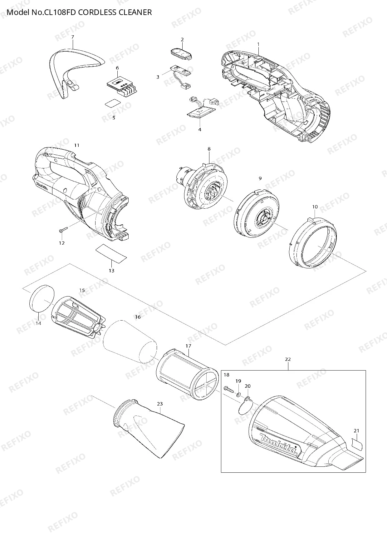 Деталировка MAKITA CL108FD — схема запчастей в разборе