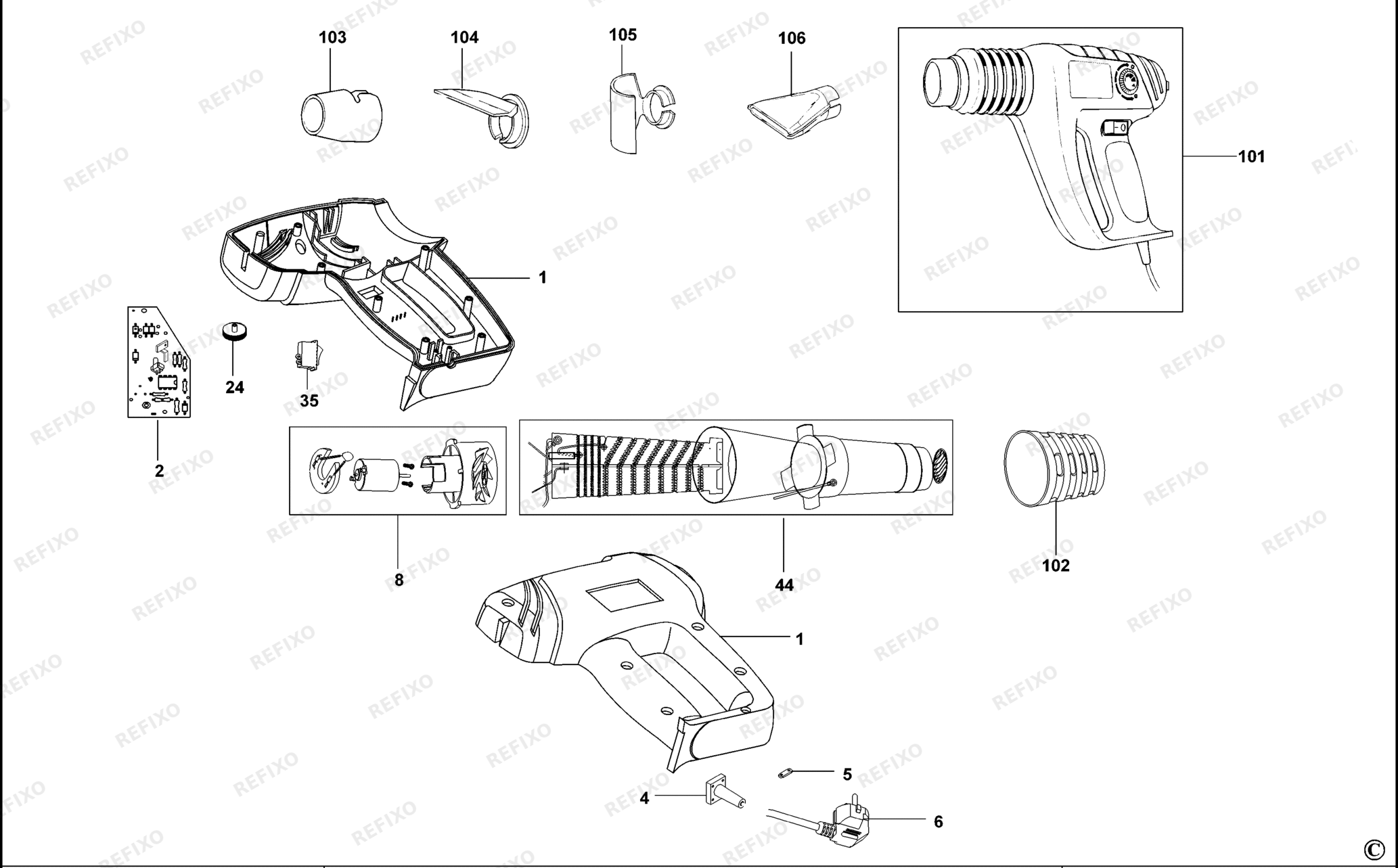 Деталировка DeWalt DW340K-QS TYPE 1 HEIZPISTOLE DW340K-QS DW340K — схема запчастей в разборе