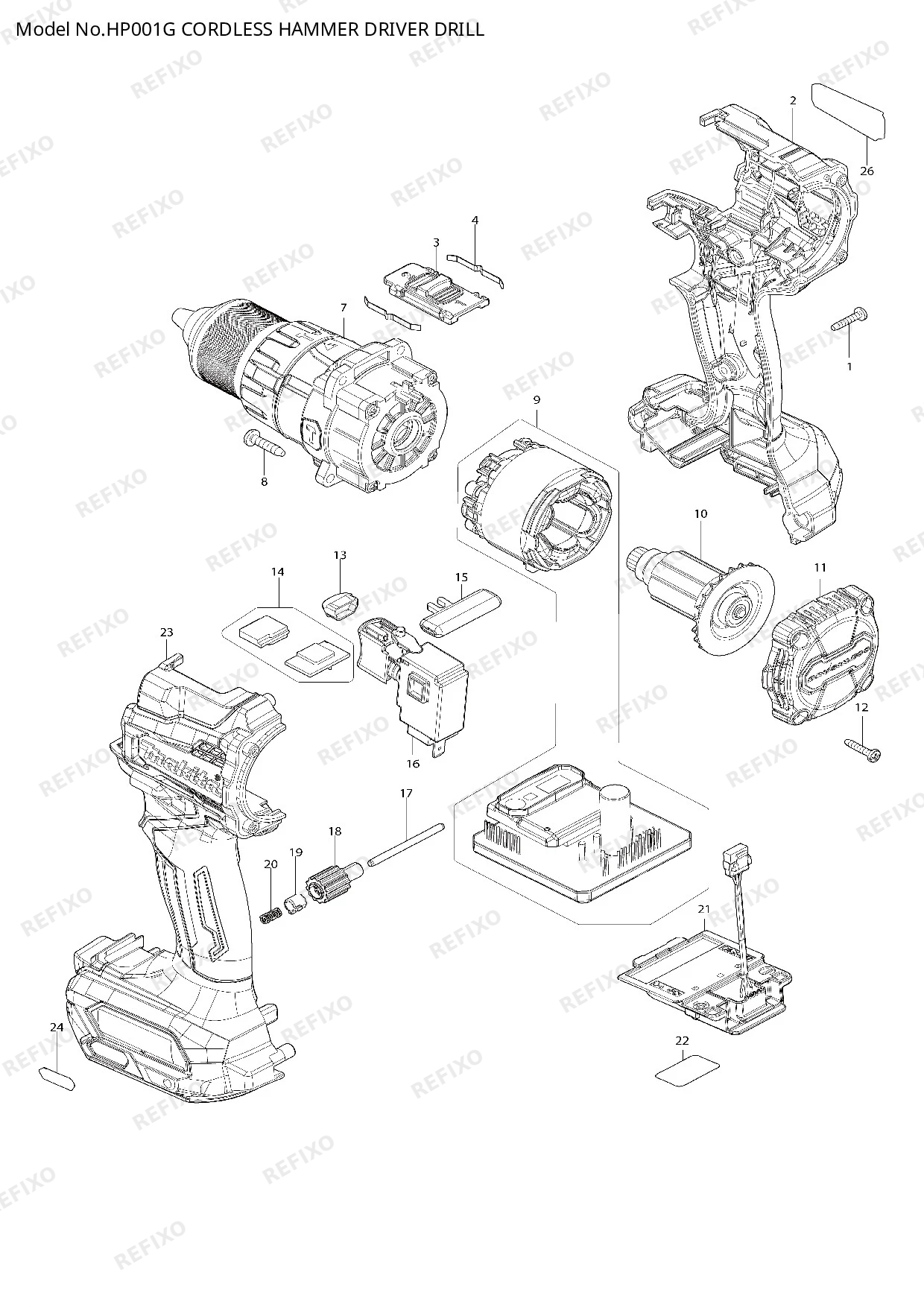 Деталировка MAKITA HP001G — схема запчастей в разборе