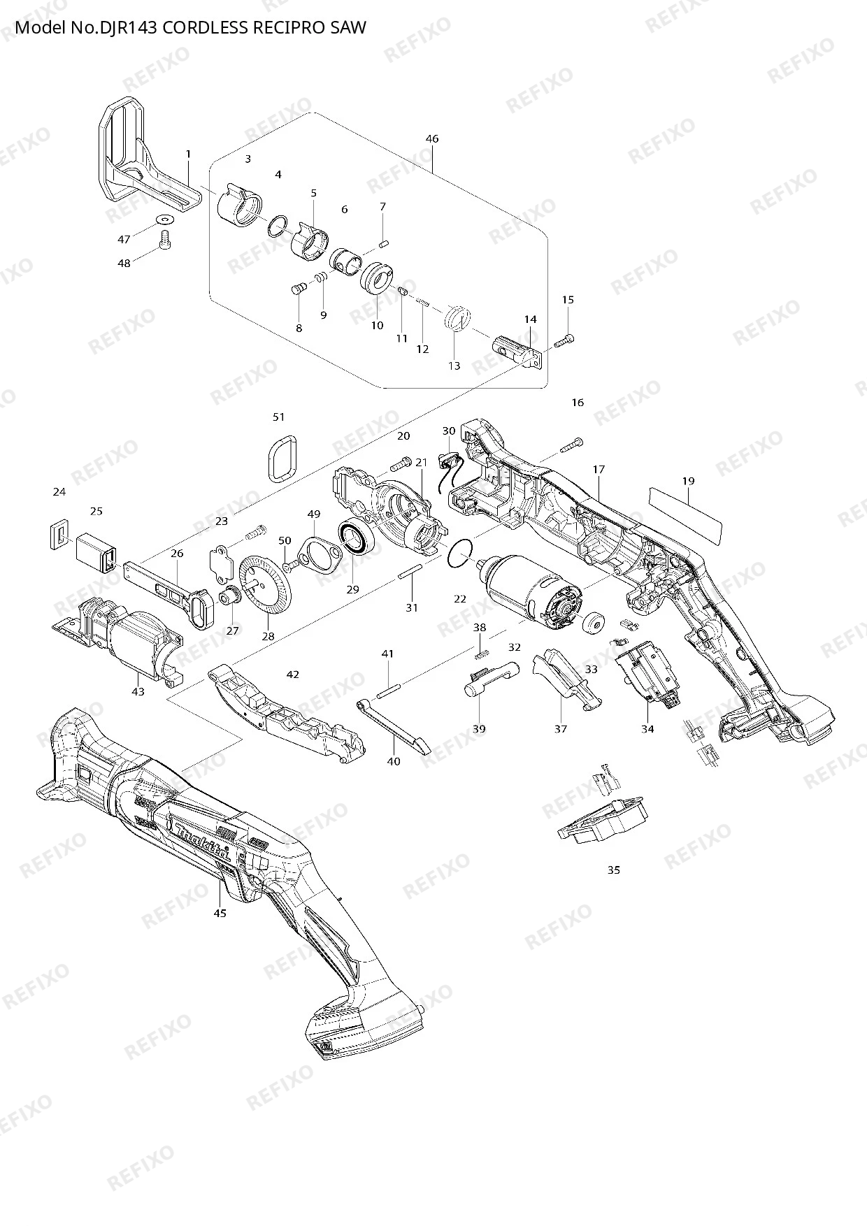 Деталировка MAKITA DJR143 — схема запчастей в разборе
