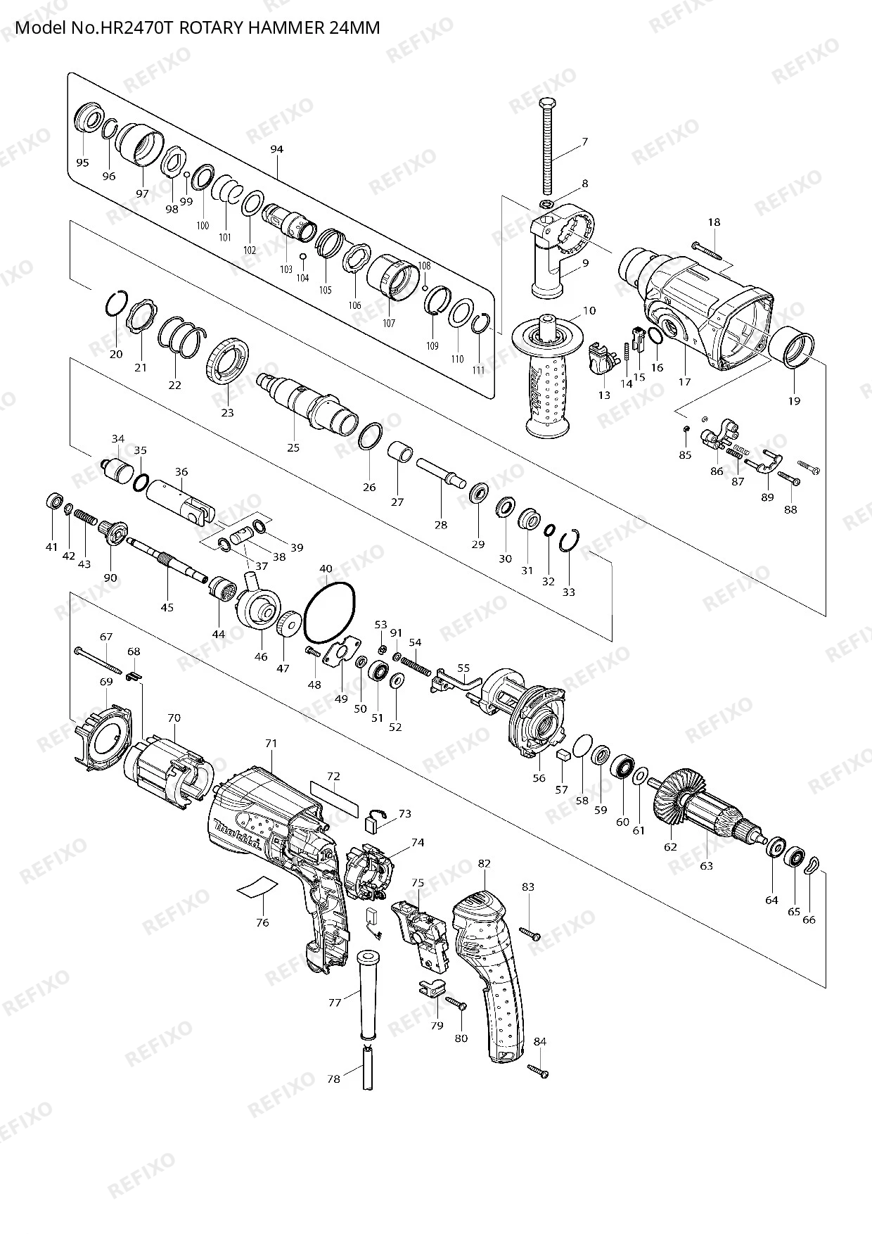 Деталировка MAKITA HR2470T — схема запчастей в разборе