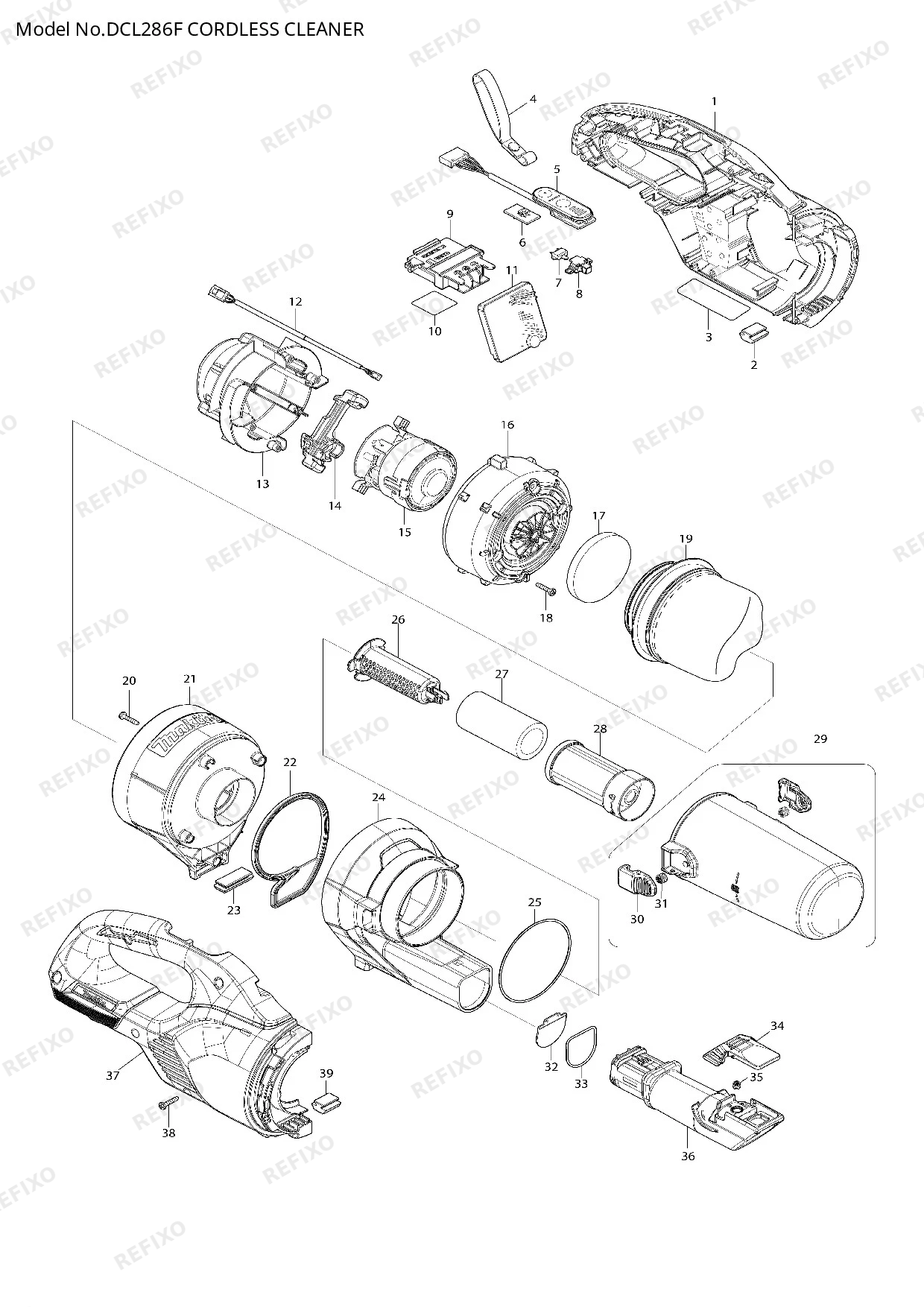 Деталировка MAKITA DCL286F — схема запчастей в разборе