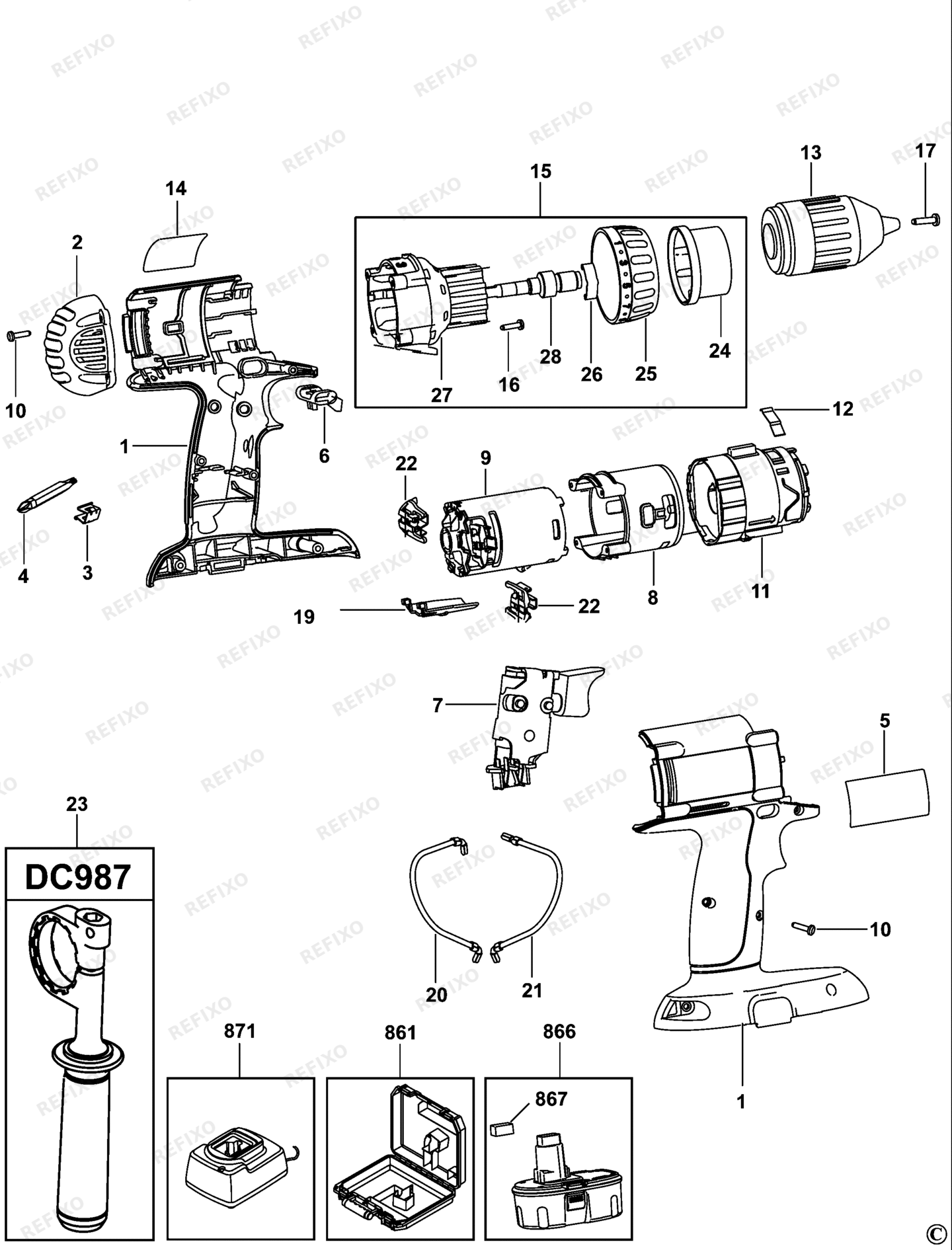 Деталировка DeWalt DC987-XJ TYPE 1 аккумуляторный - дрель DC987-XJ DC987 — схема запчастей в разборе