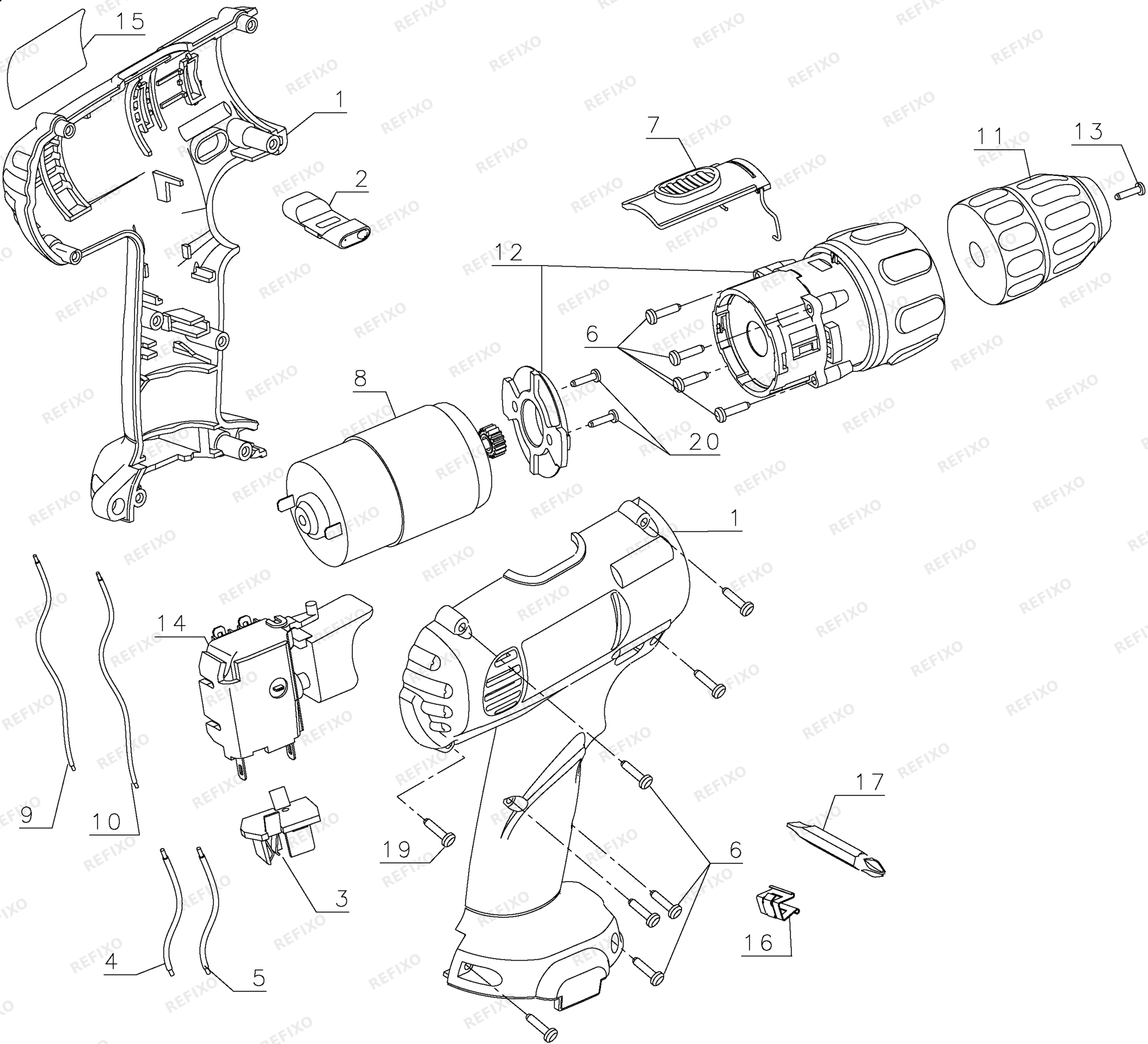 Деталировка DeWalt BSA34KA-QW TYPE 1 9.6V DRILLDRIVER BSA34KA-QW BSA34KA — схема запчастей в разборе