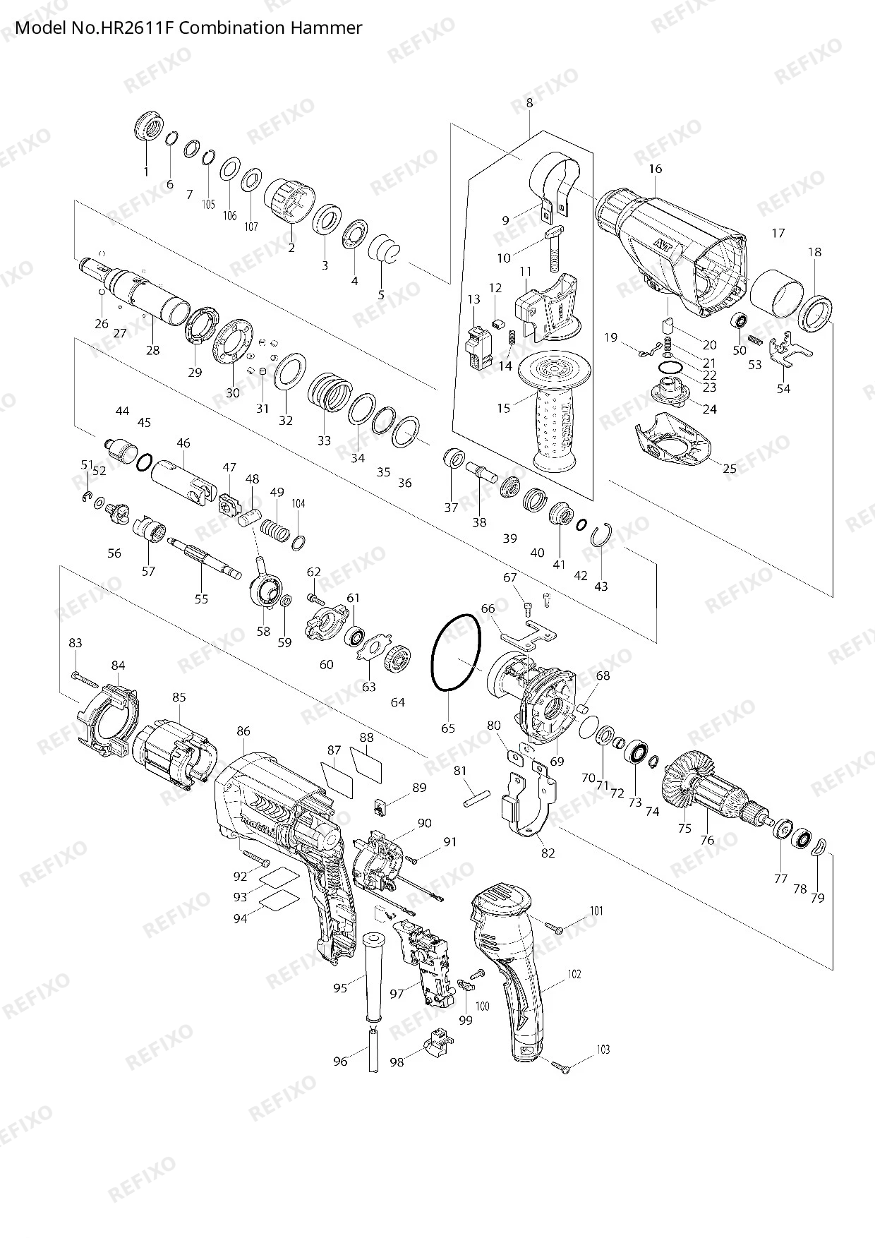 Деталировка MAKITA HR2611F — схема запчастей в разборе