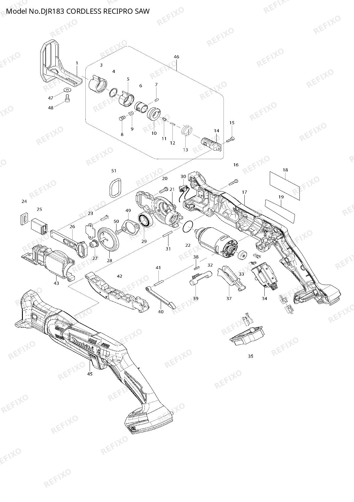 Деталировка MAKITA DJR183 — схема запчастей в разборе