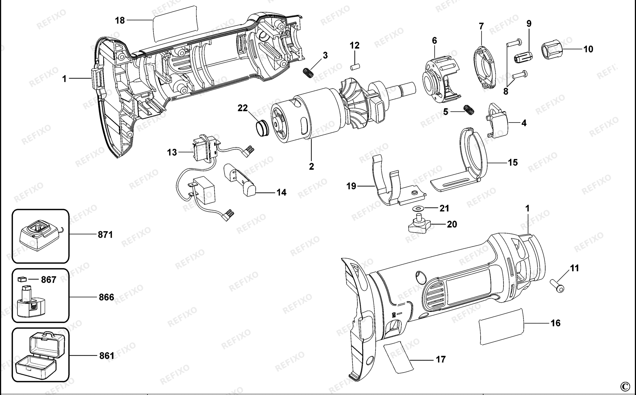 Деталировка DeWalt DC550-XJ TYPE 1 SCHNEIDER DC550-XJ DC550 — схема запчастей в разборе