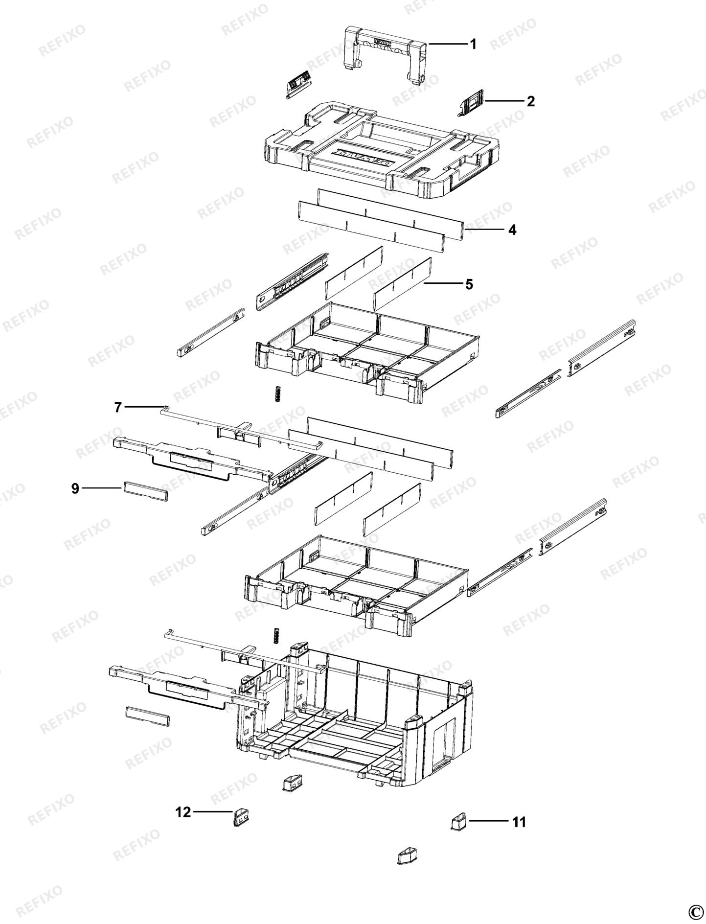 Деталировка DeWalt DWST1-70706-XJ TYPE 1 WERKZEUGBOX DWST1-70706-XJ DWST1-70706 — схема запчастей в разборе