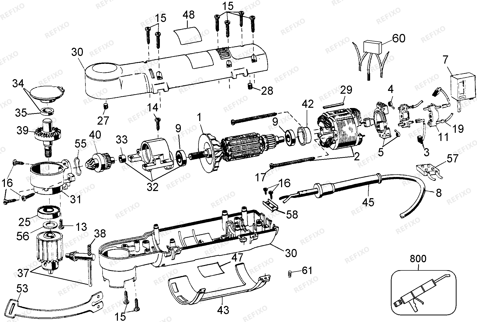 Деталировка DeWalt DW160-QS TYPE 3 RIGHT ANGLE DRILL DW160-QS DW160 — схема запчастей в разборе